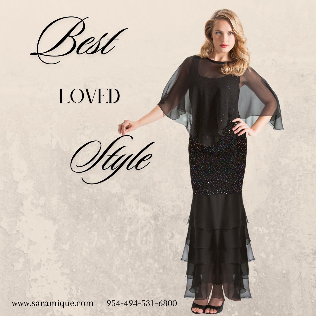 A woman in a black, layered evening gown poses confidently. The image reads Best Loved Style with a website, saramique.com, and phone number at the bottom.