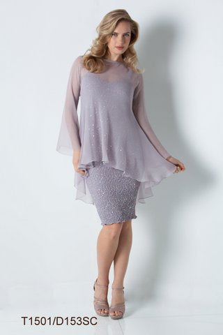 Woman wearing a light lavender, knee-length dress with a sheer, flowy overlay and beaded details, standing against a white background, with T1501/D153SC text at the bottom.