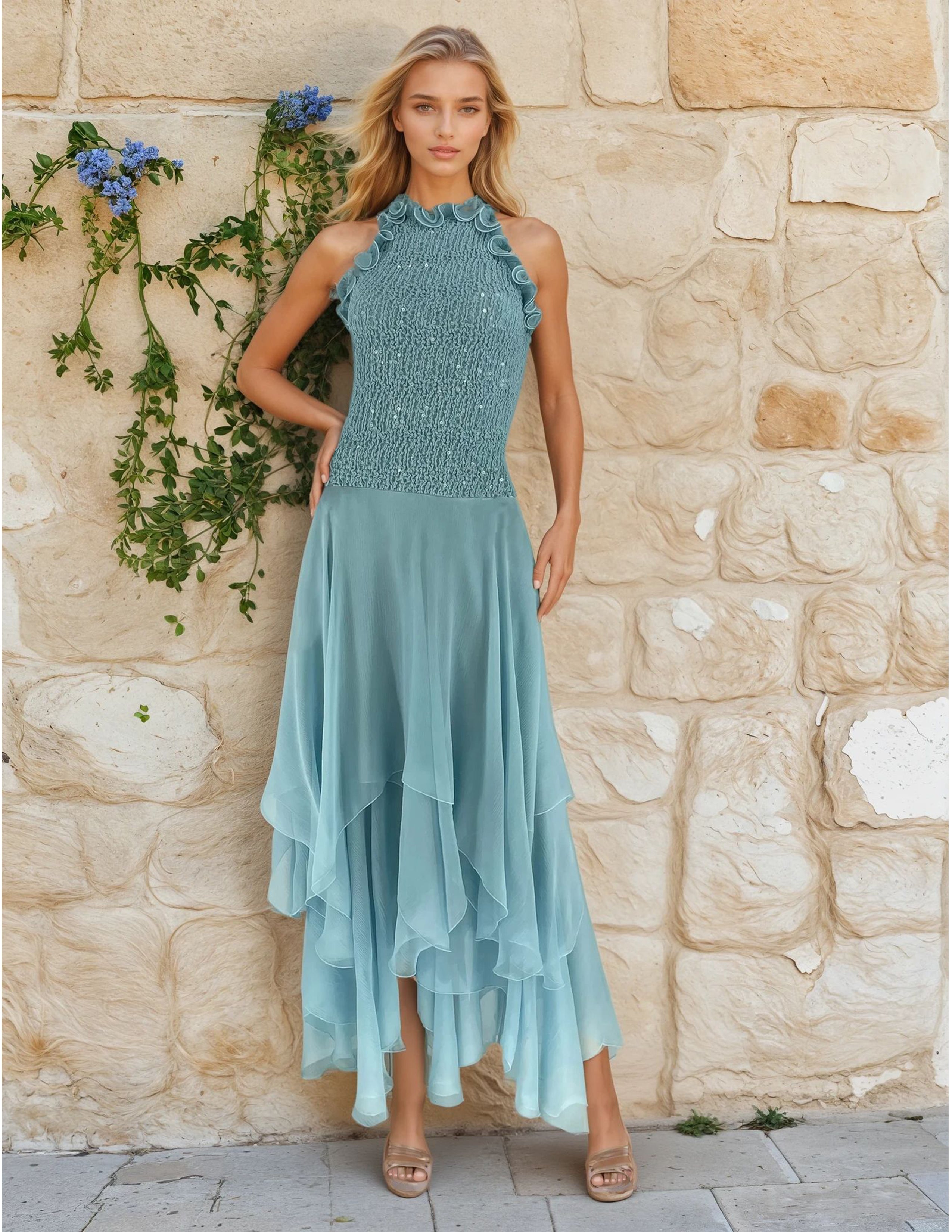 Woman in a Sequin Halter Top Dress by a stone wall adorned with green vines and purple flowers.