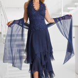 Woman wearing a Lace Halter Bodice Dress with Hanky Hem and Stole on a white background