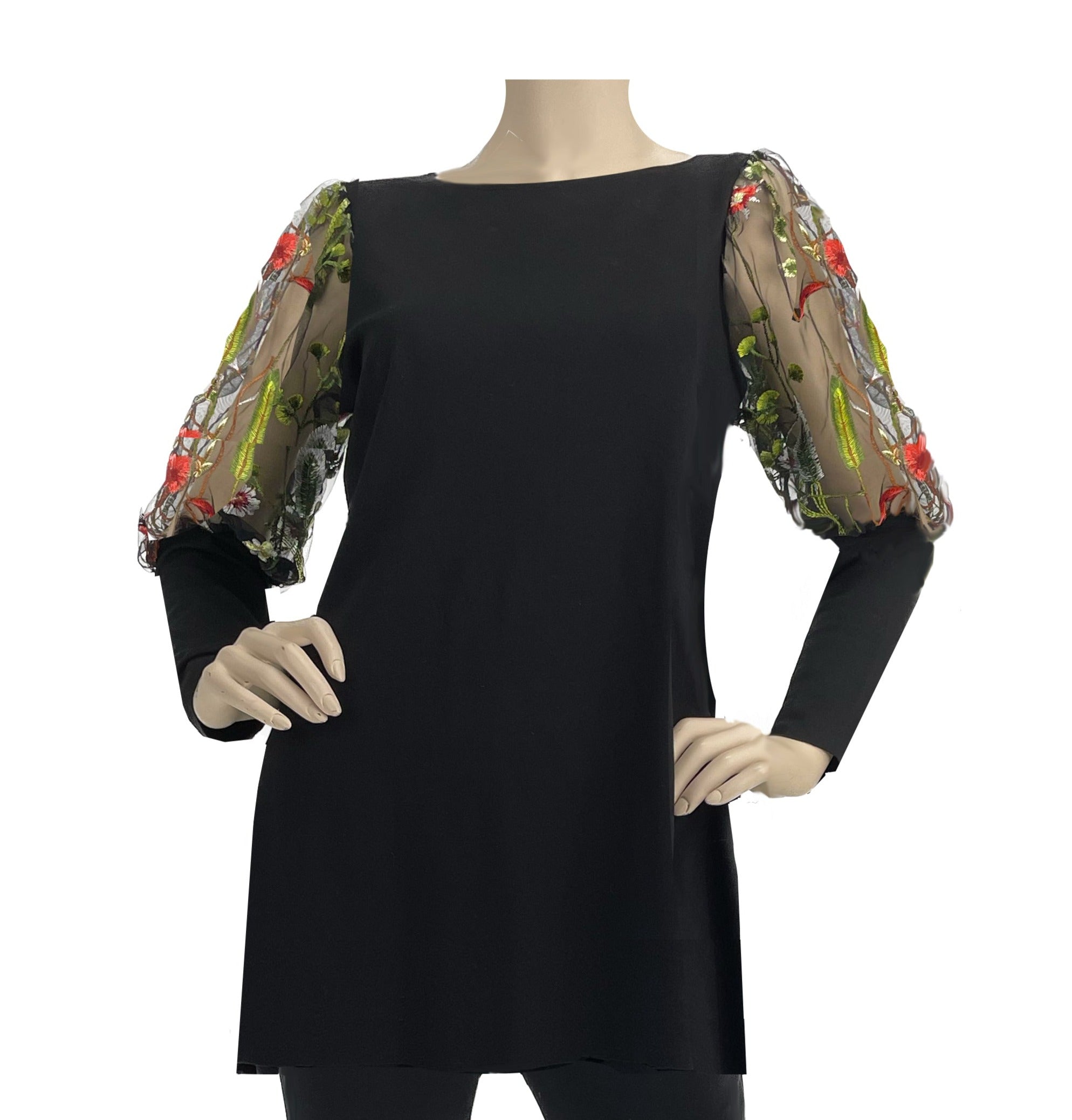 Ponte Tunic with Puff Top Embroidered Tulle Sleeve