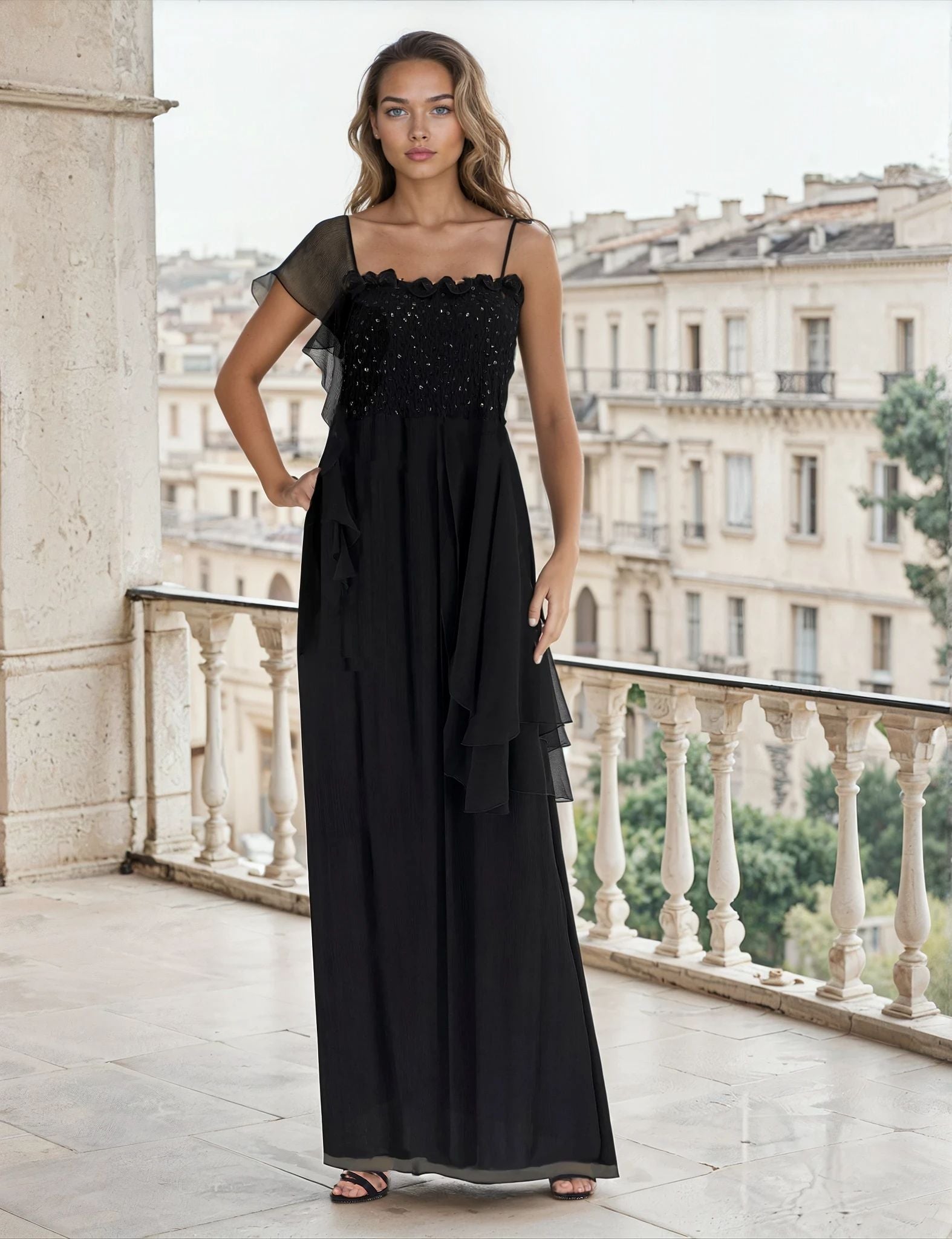 Woman in a black dress standing on a balcony with a cityscape background