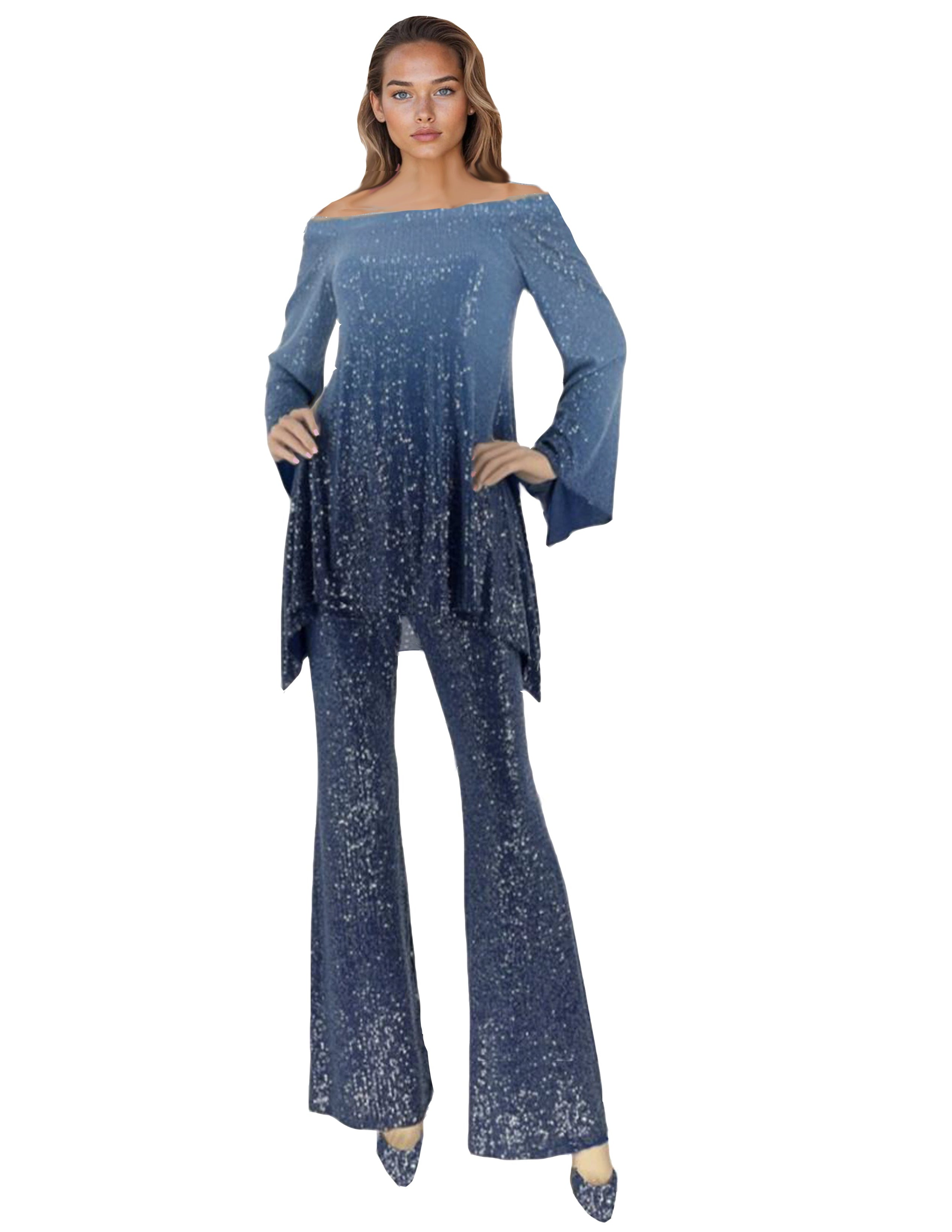 Women in a blue two-piece sequin outfit on a white background