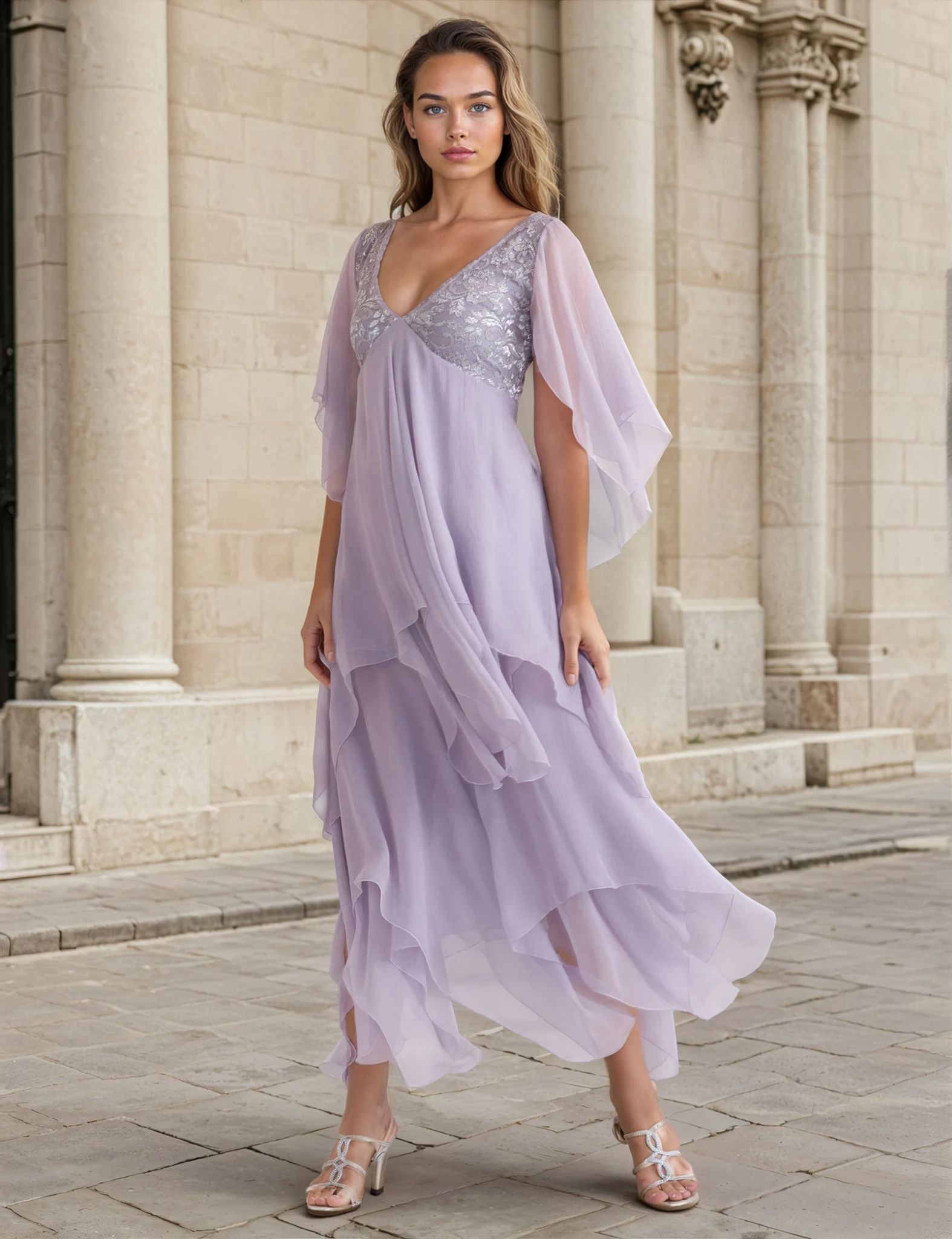 Woman wearing a light purple dress with a sequined bodice in front of classical architecture.