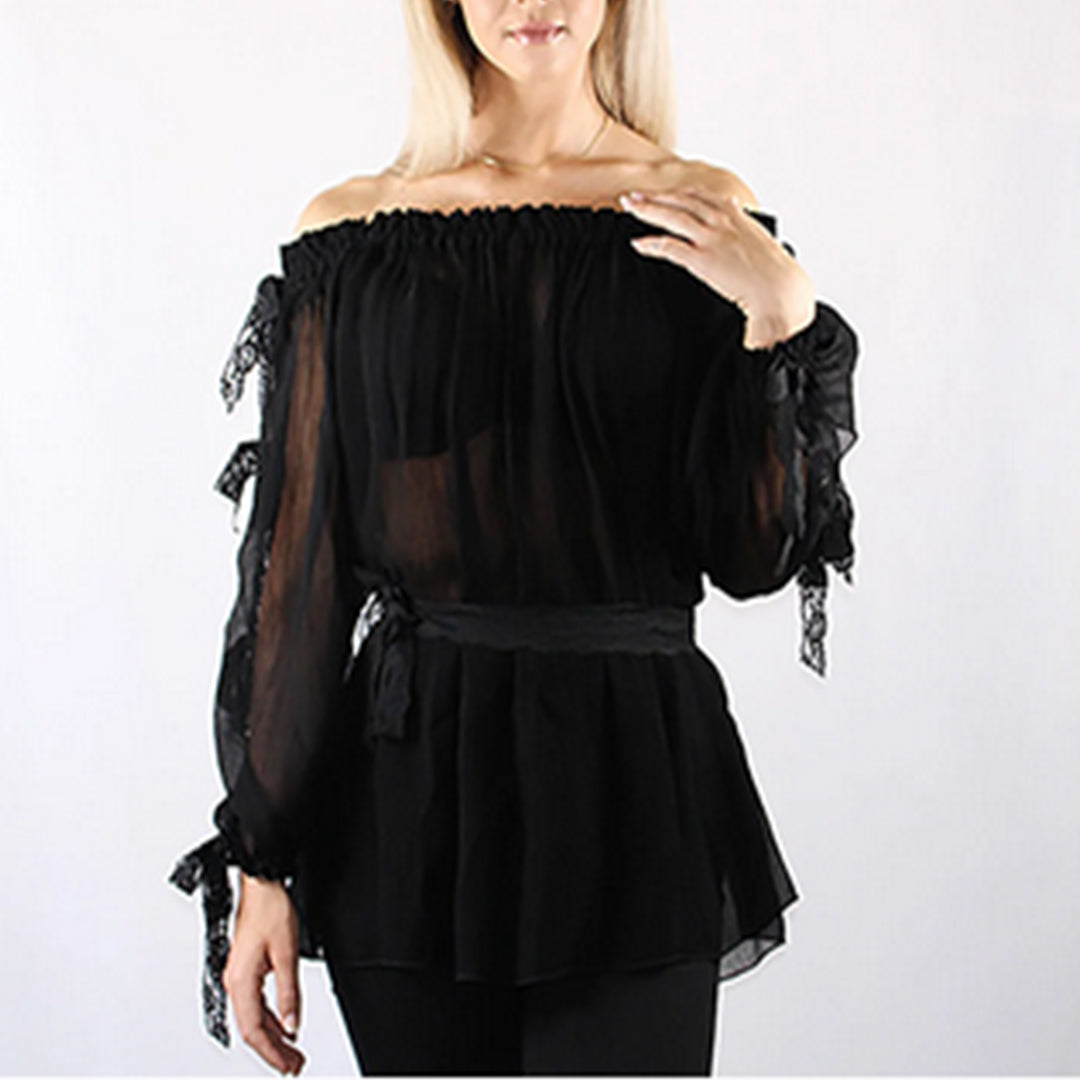 B1004 Sara Plisse' Open Sleeve/Lace Bows One Size Blouse - Sara Mique Evening Wear