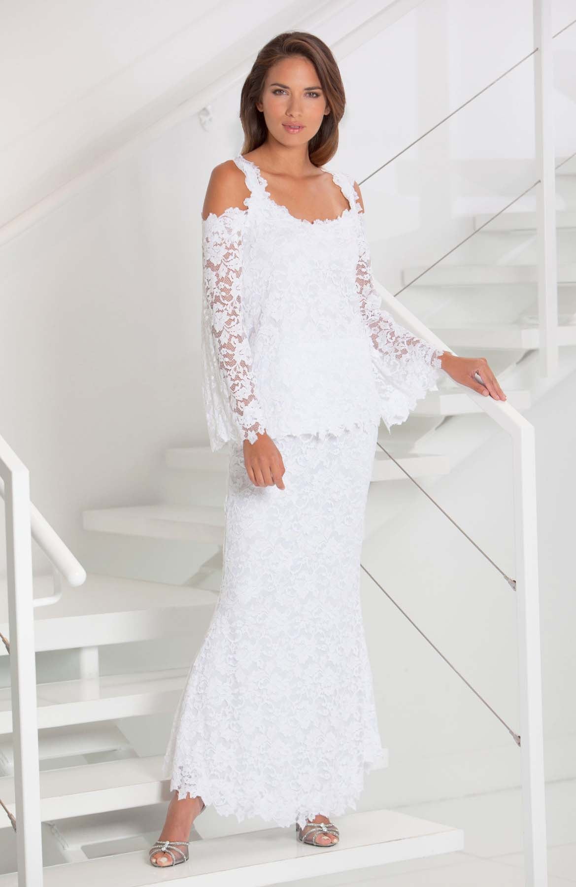 French Lace Cold Shoulder Blouse & Long Tulip Skirt - B611 / S611 Tanzanite - Sara Mique Evening Wear