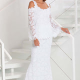 French Lace Cold Shoulder Blouse & Long Tulip Skirt - B611 / S611 Tanzanite - Sara Mique Evening Wear