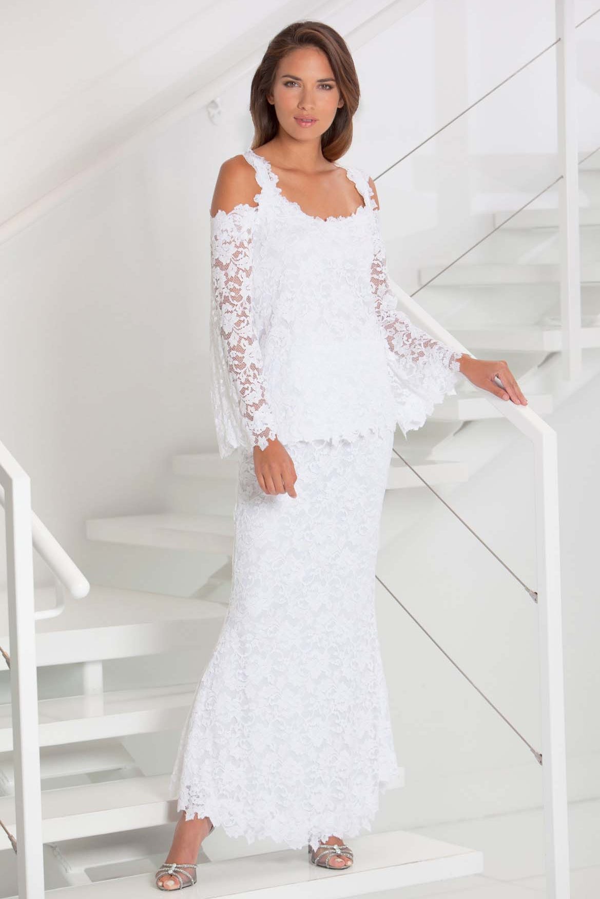 French Lace Cold Shoulder Blouse & Long Tulip Skirt - B611 / S611 Tanzanite - Sara Mique Evening Wear