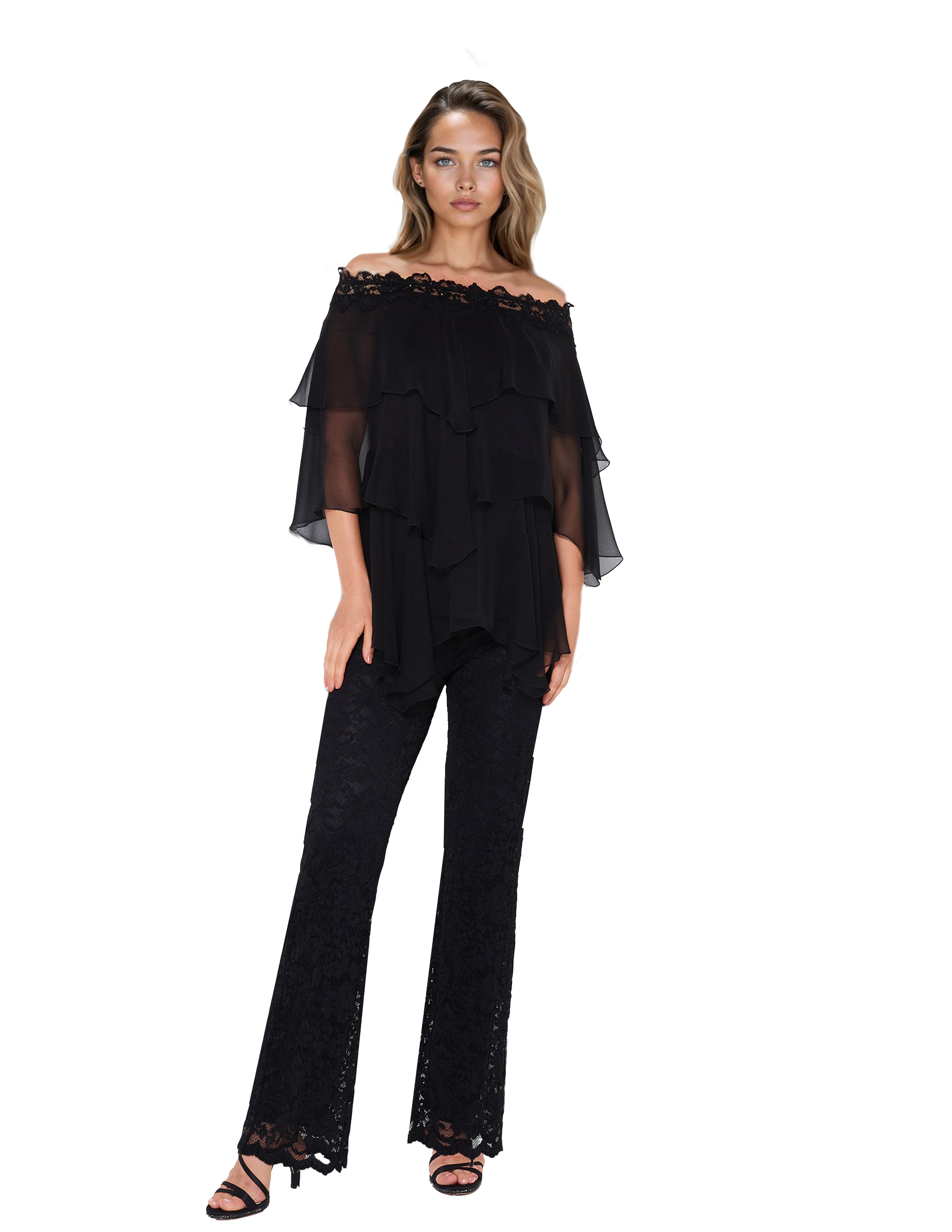 Woman wearing a black off-shoulder top and black lace pants on a white background
