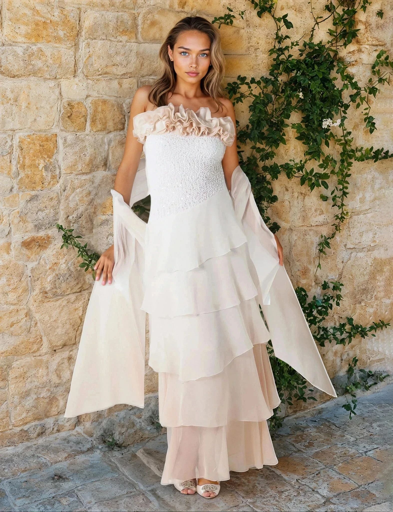 Woman wearing a strapless dress with a  sequin bodice and a silk stole against a stone background with greenery