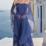 Woman in a blue strapless gown with stole standing in a scenic location.