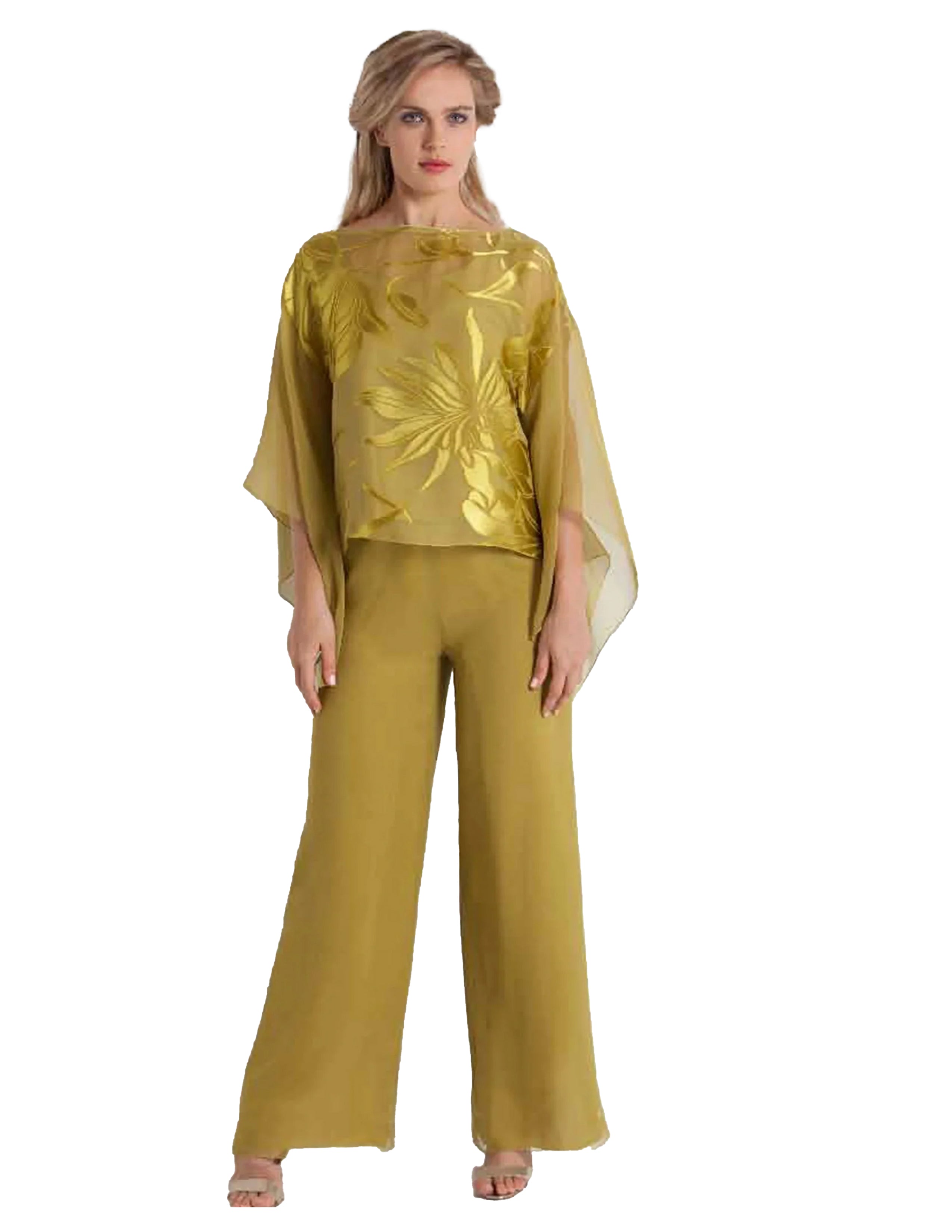 Woman wearing a green outfit with a white background