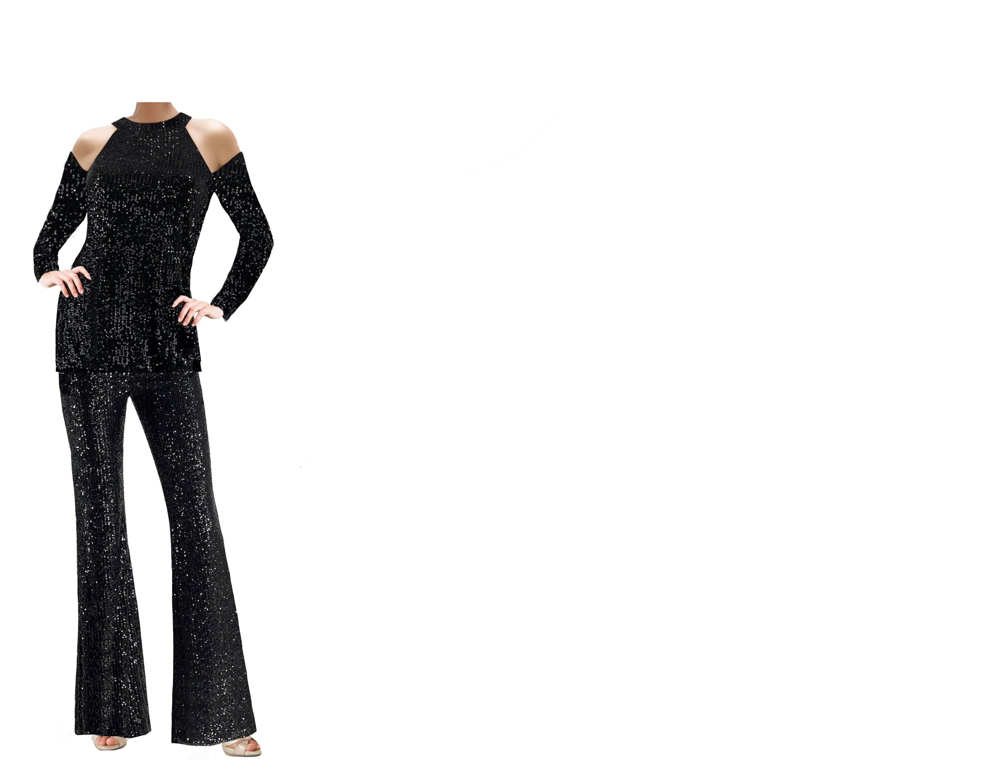 A model wearing a black sequin halter neck top with cold shoulder sleeves and matching pants.