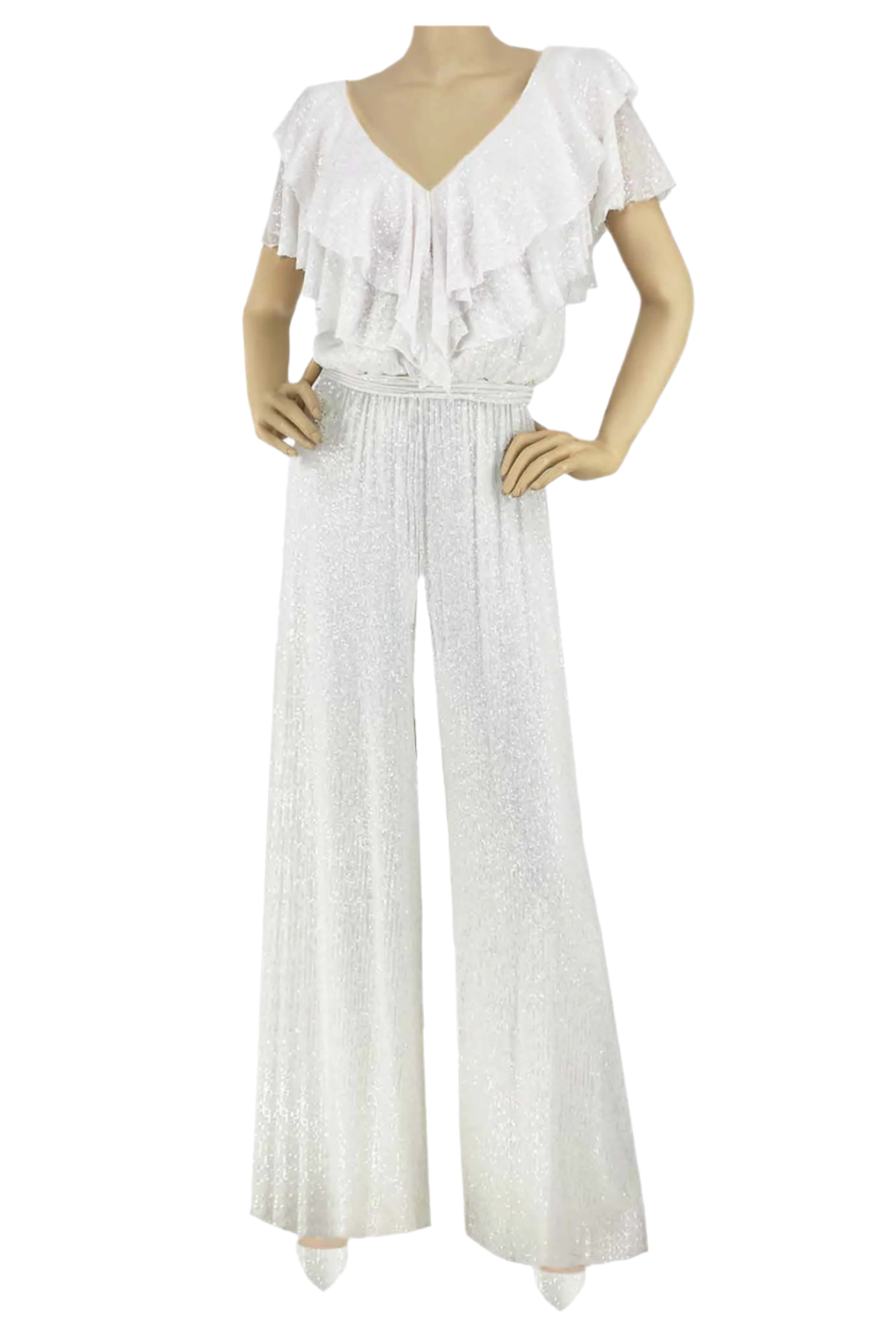 White Liquid Sequin Jumpsuit LSJU1 - Sara Mique Evening Wear