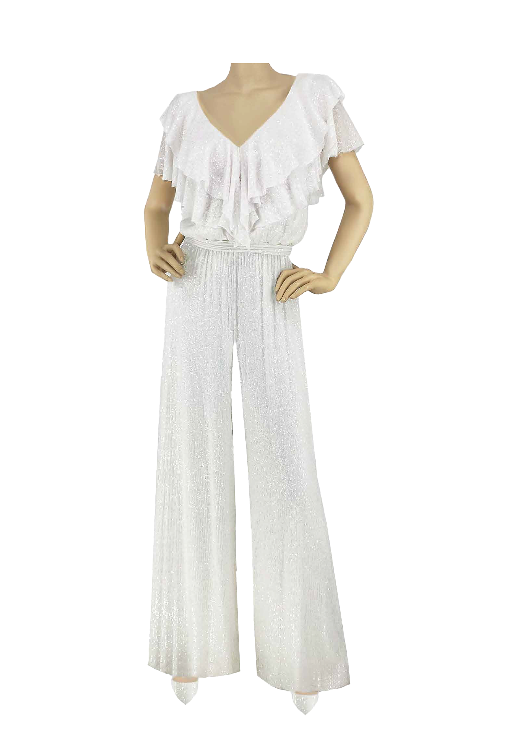White Liquid Sequin Jumpsuit LSJU1 - Sara Mique Evening Wear