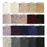A fabric swatch card under the Sara Mique Evening Wear brand shows 18 colors of French Lace Dress D634 Cassis—ideal for lace or hi-lo fishtail dresses—with/without crystals, in shades from white to black.