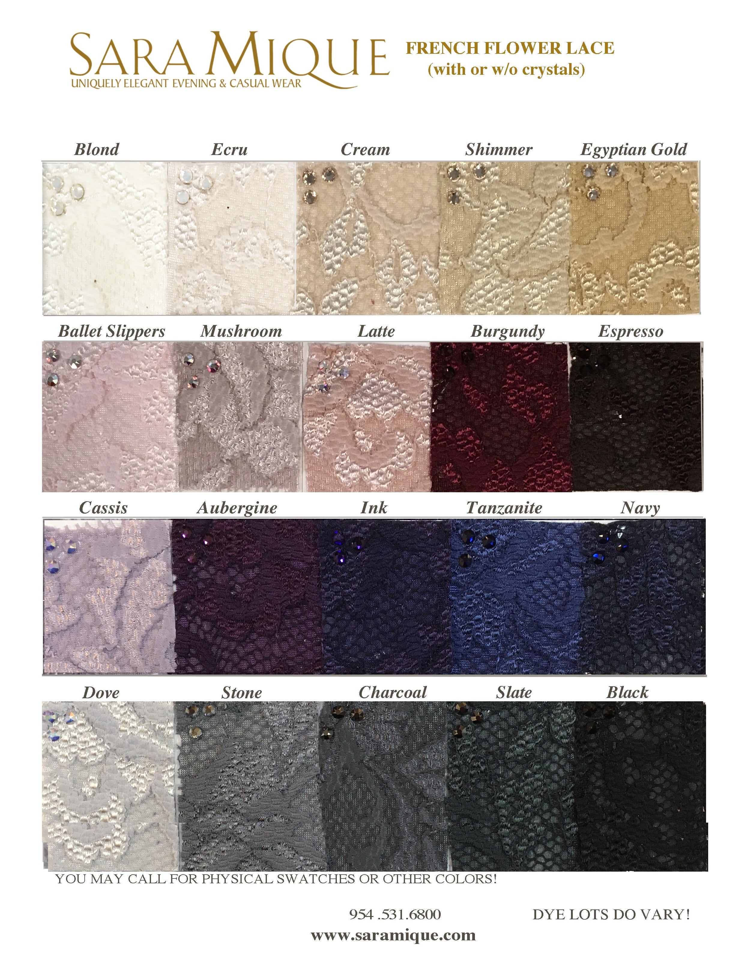A fabric swatch card under the Sara Mique Evening Wear brand shows 18 colors of French Lace Dress D634 Cassis—ideal for lace or hi-lo fishtail dresses—with/without crystals, in shades from white to black.