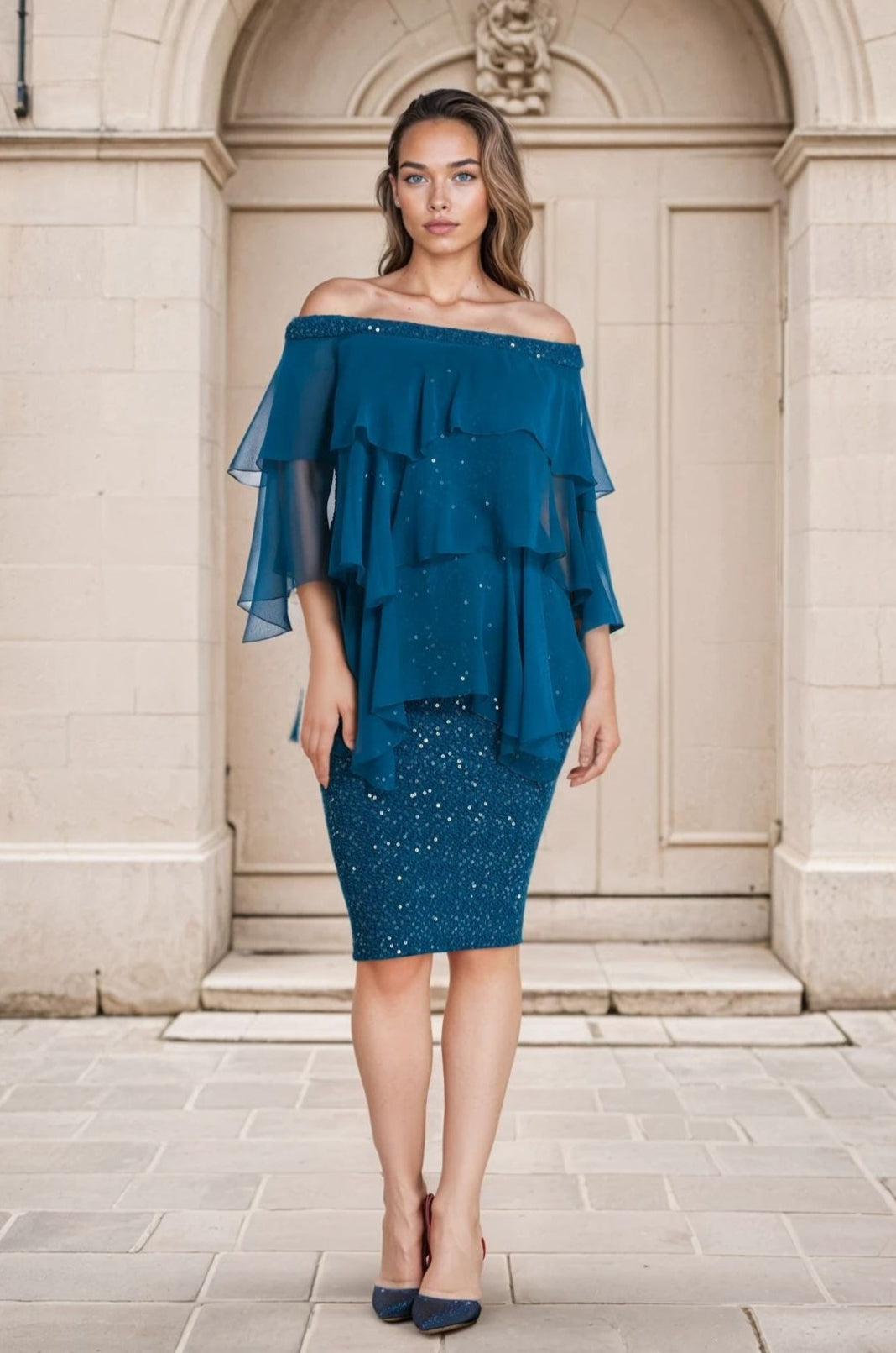 Woman wearing a blue off-shoulder blouse with ruffled layers and a skirt in front of a stone building.