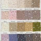 A swatch card from Sara Mique Evening Wear shows 18 Silk Pucker with Sequin B1596 S1530 samples, each in a different color with names above, perfect for an asymmetrical blouse or sparkling sequin skirt.