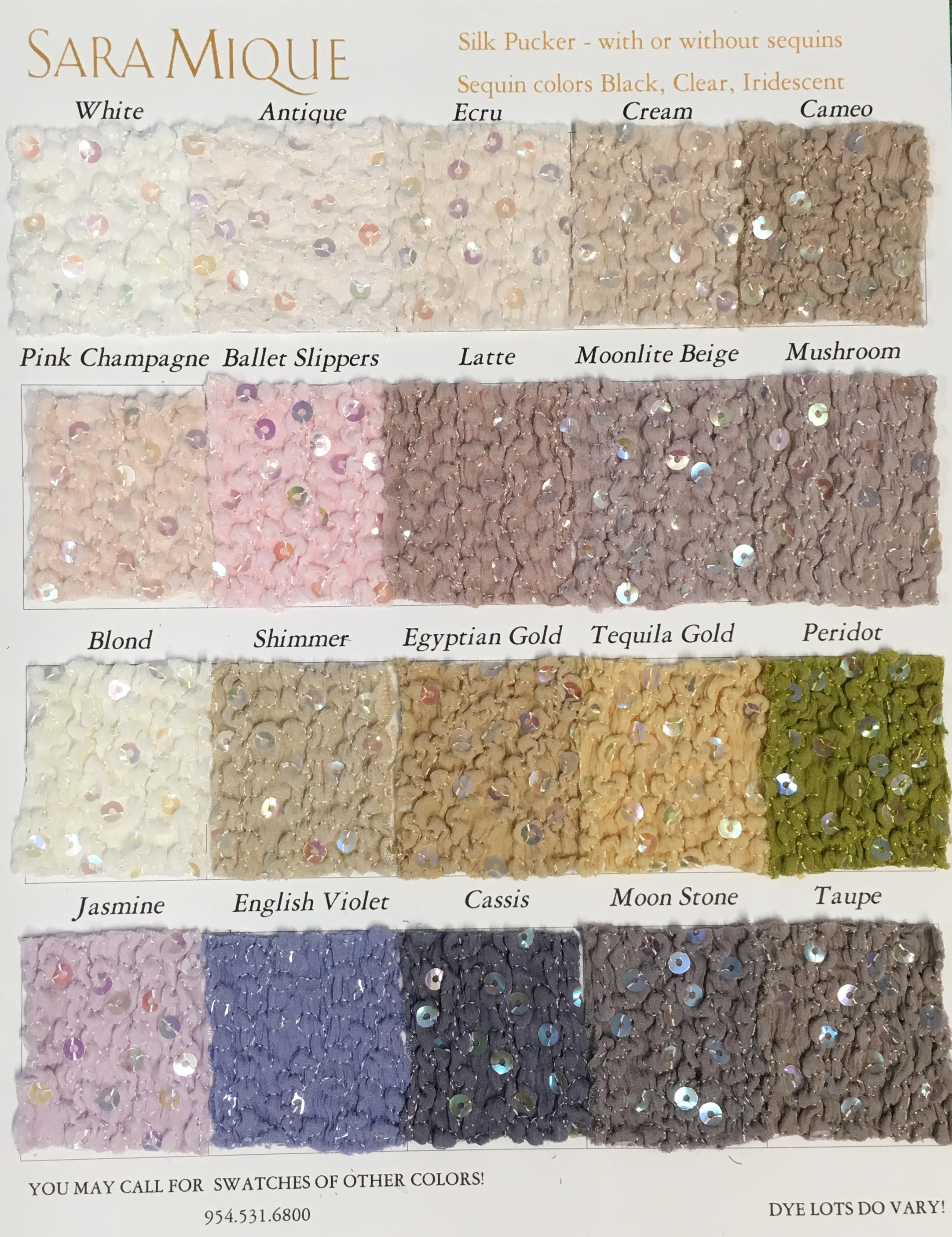 A swatch card from Sara Mique Evening Wear shows 18 Silk Pucker with Sequin B1596 S1530 samples, each in a different color with names above, perfect for an asymmetrical blouse or sparkling sequin skirt.