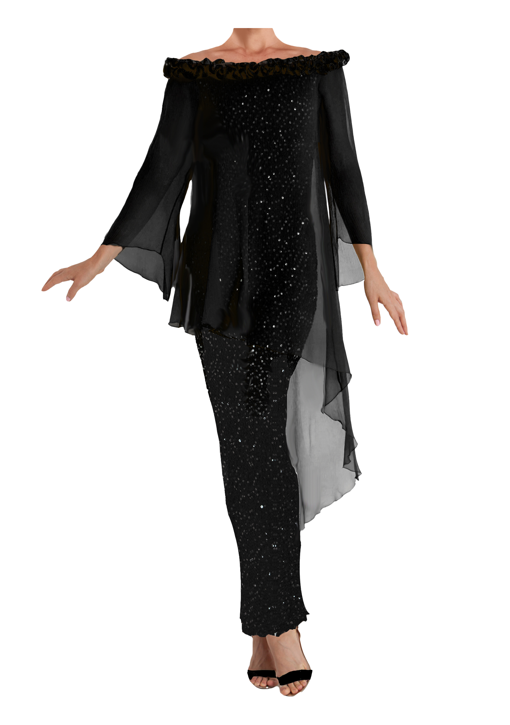 Silk Pucker with Sequin B1596 S1530 Black - Sara Mique Evening Wear
