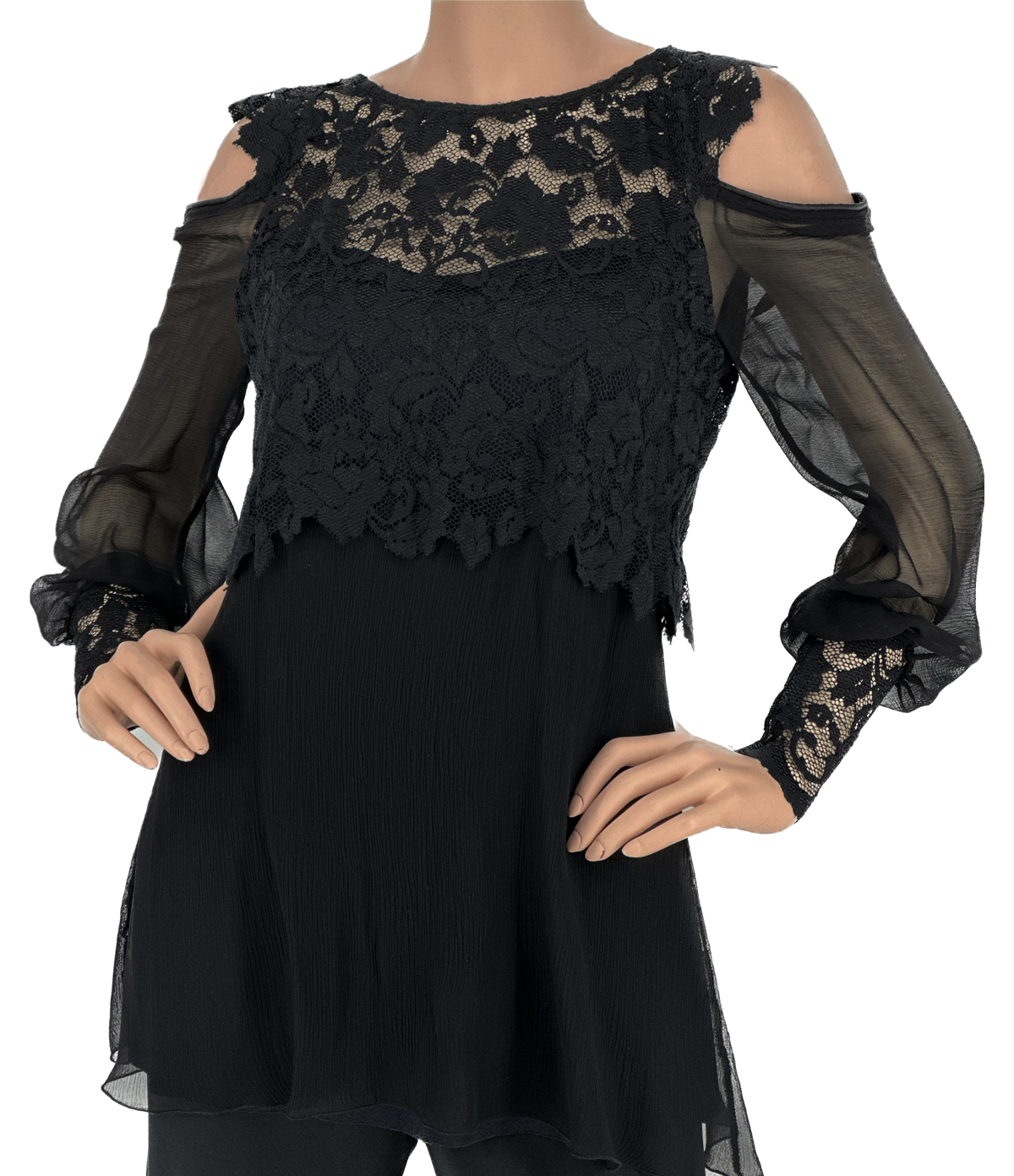 B609 French Lace & Silk Plisse Empire Blouse