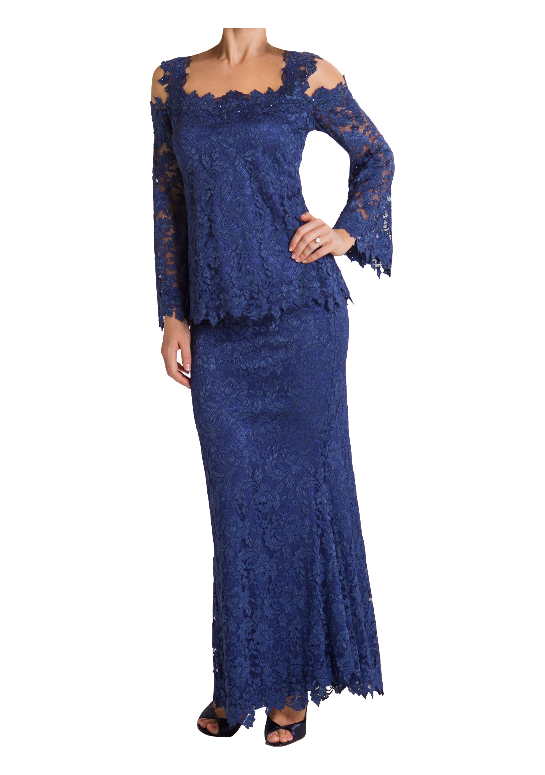 French Lace Cold Shoulder Blouse & Long Tulip Skirt - B611 / S611 Tanzanite - Sara Mique Evening Wear
