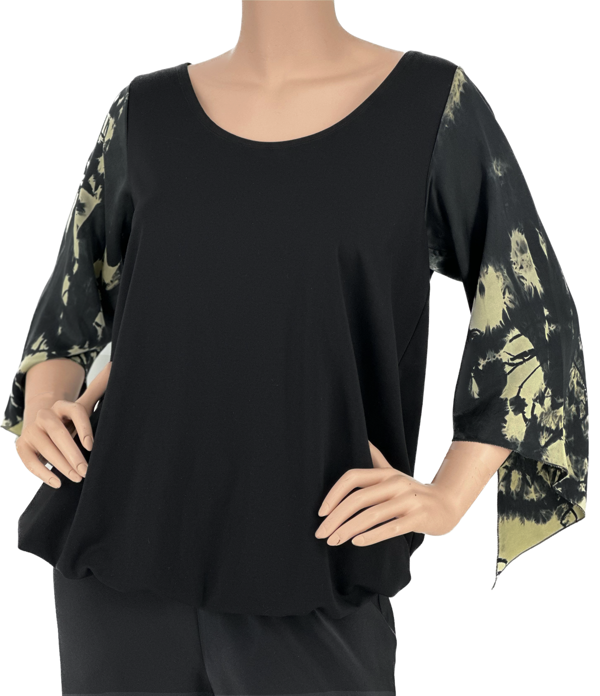 B877 Tie Dye Sleeve Detailed Black Top - Sara Mique Evening Wear
