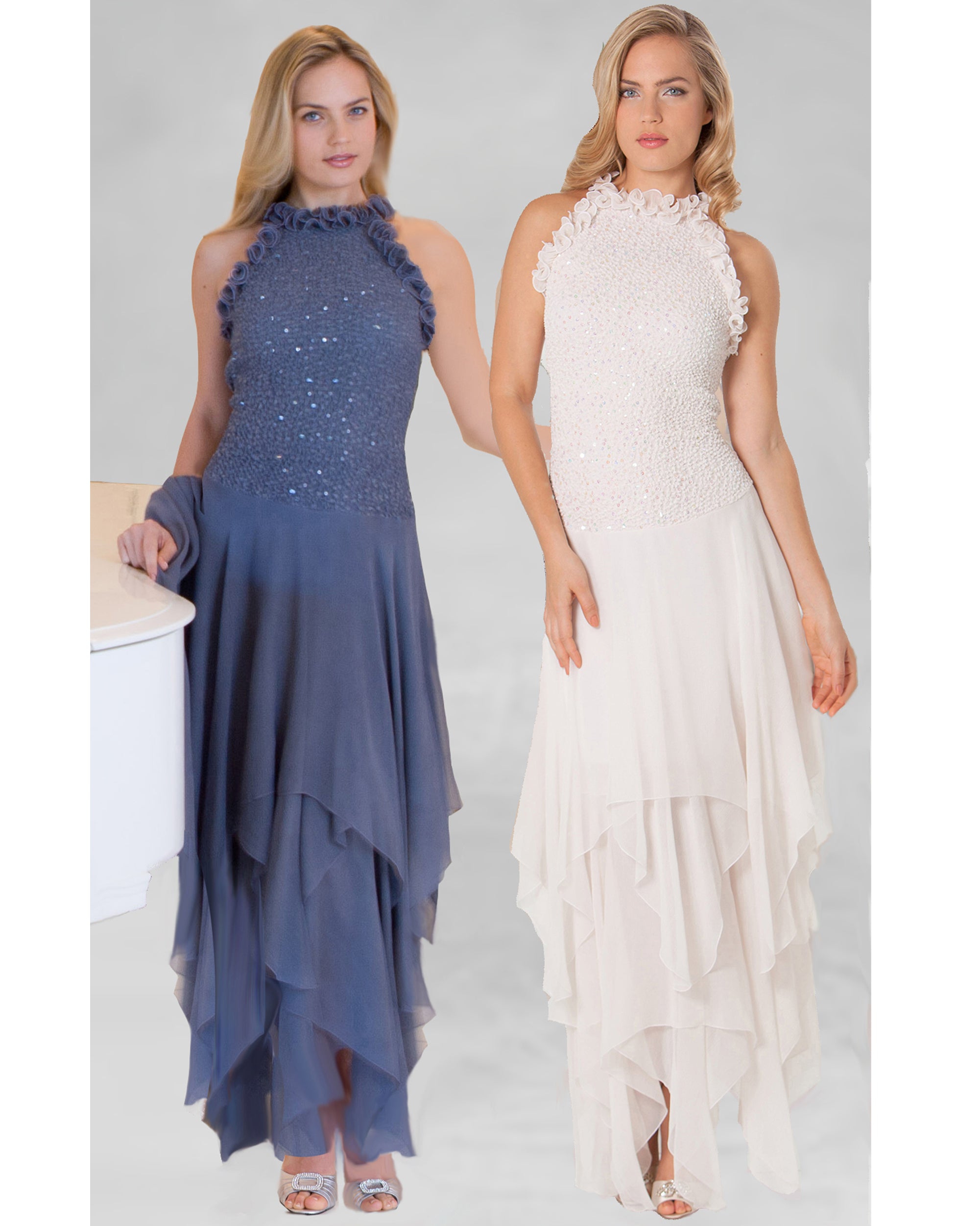 Two women with light hair stand against a plain background in Sara Mique Evening Wear: one in a navy Ultra Feminine Hanky Halter With Ruffles (D1500SCL/Stole2), the other in an off-white high-neck, sleeveless gown with tiered, flowing skirt.