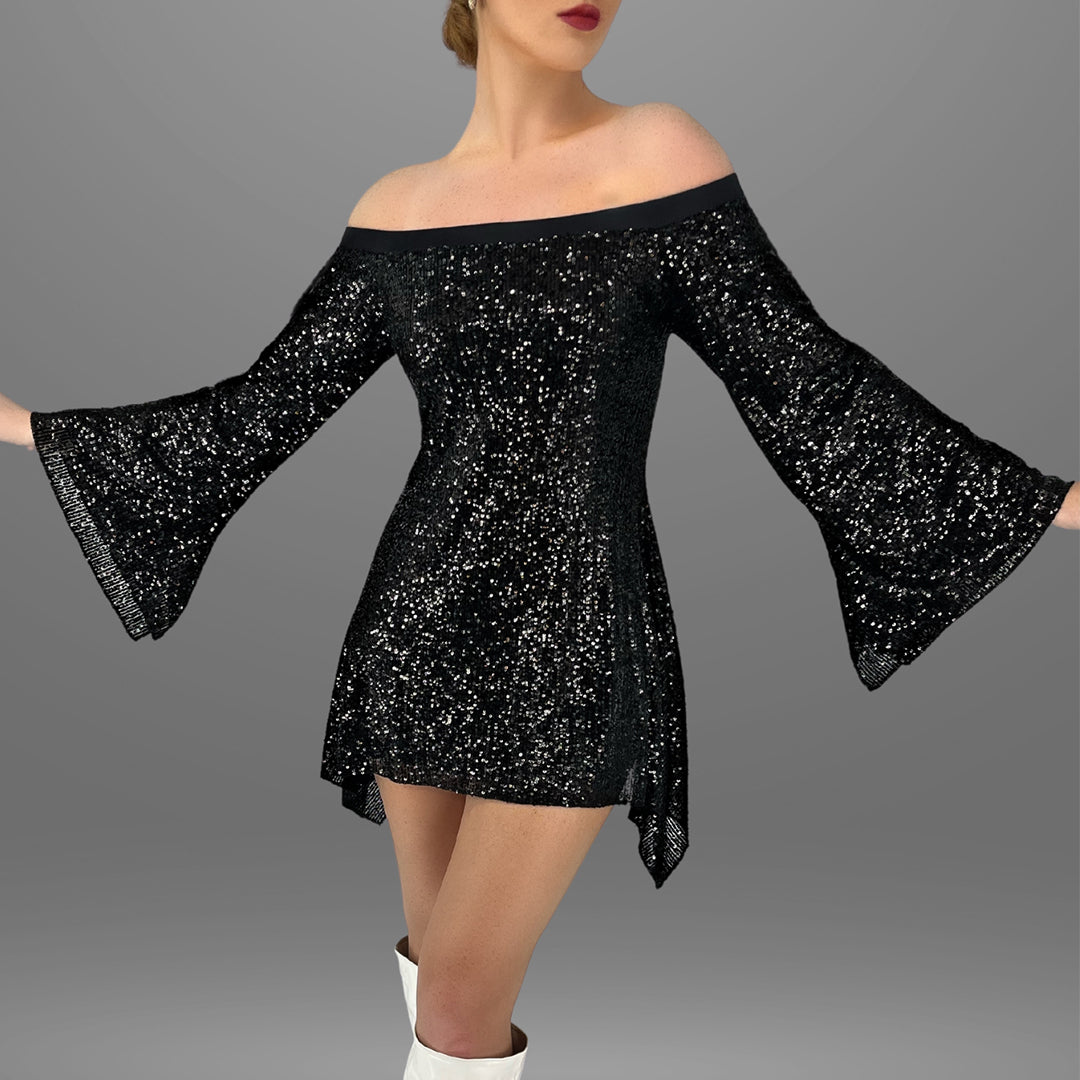 Black Liquid Sequin Tunic LSB5 - Sara Mique Evening Wear