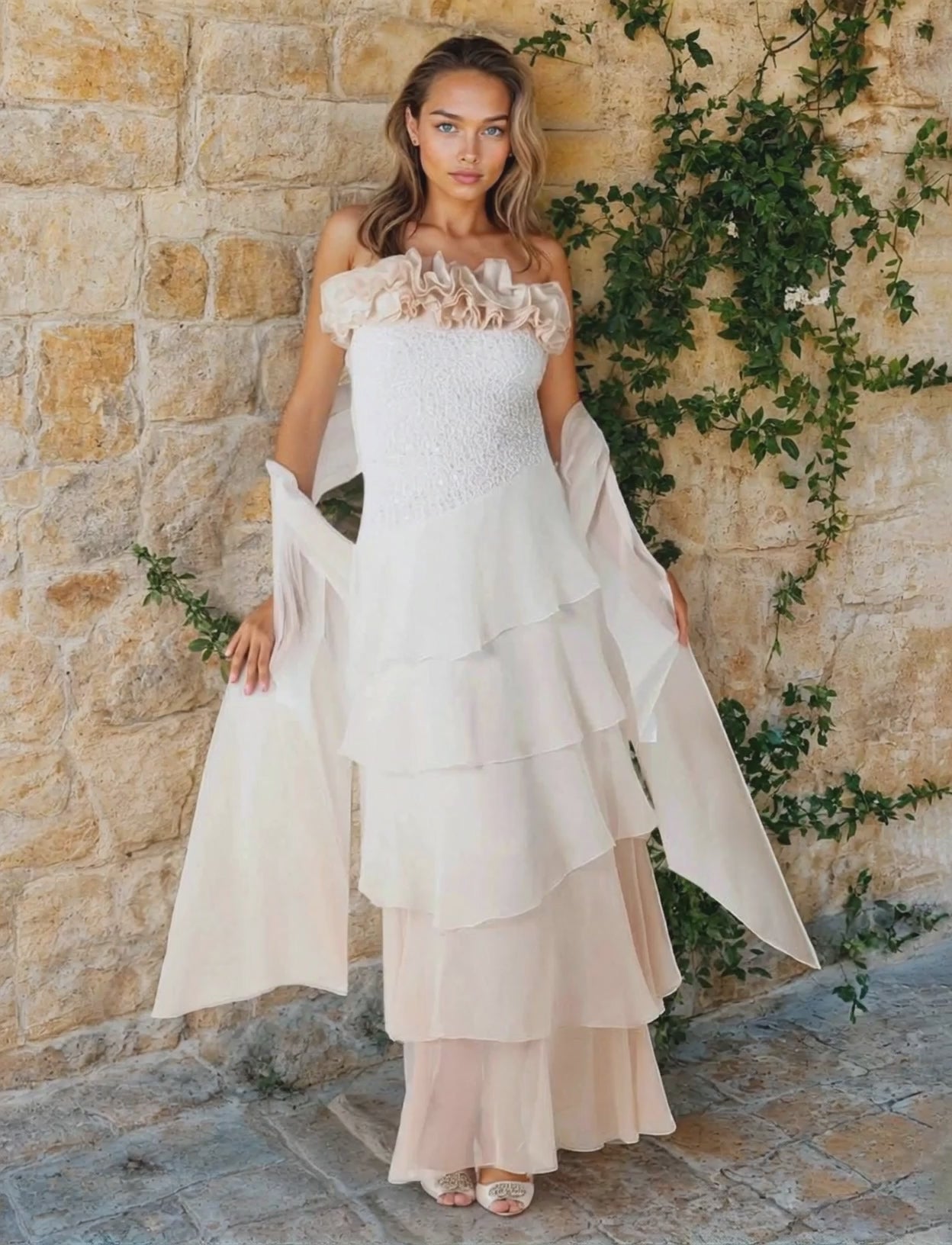 Woman wearing a strapless dress with a  sequin bodice and a silk stole against a stone background with greenery