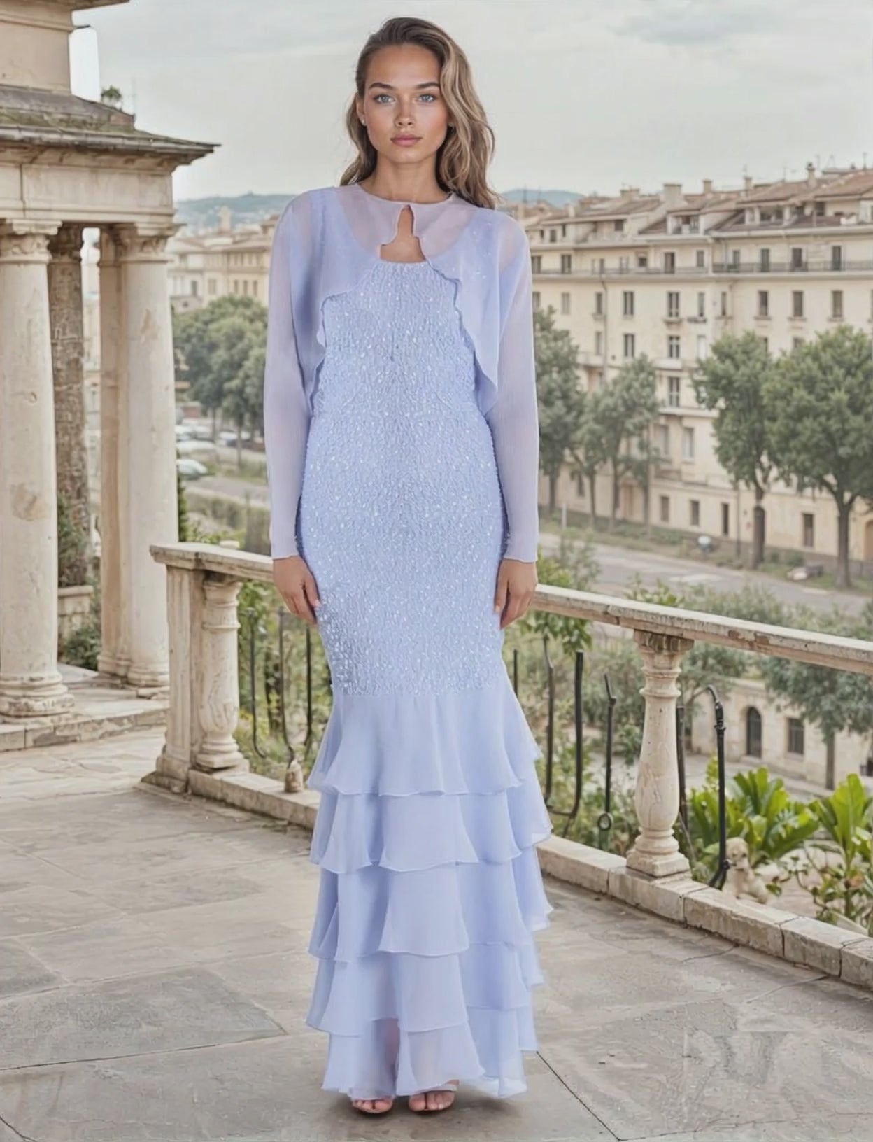 Woman in a light english violet dress standing on a balcony with a cityscape in the background
