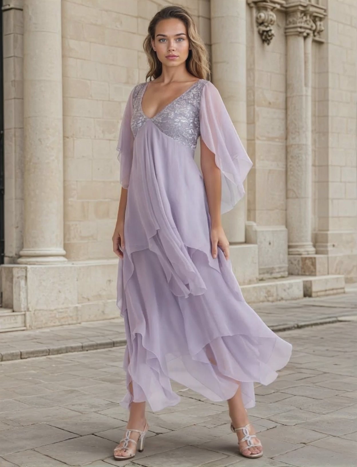
Woman wearing a light purple dress with a sequined bodice in front of classical architecture.