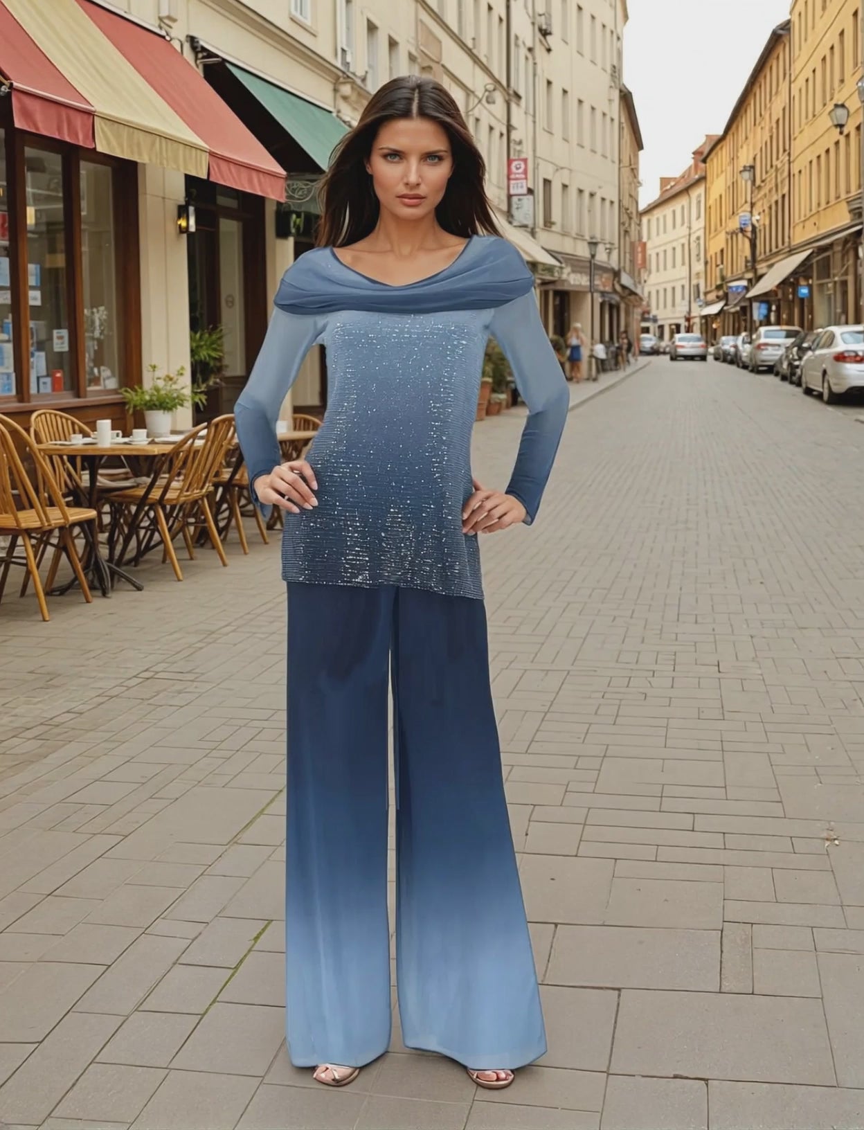 Sara Mique ombre color two-piece set in Paris Street scene background.