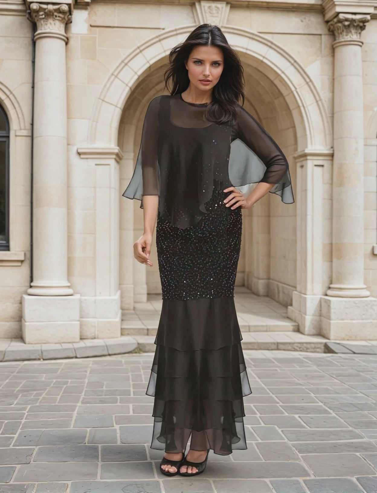 Woman wearing a black sequin dress with silk layers and poncho in front of classical architecture.