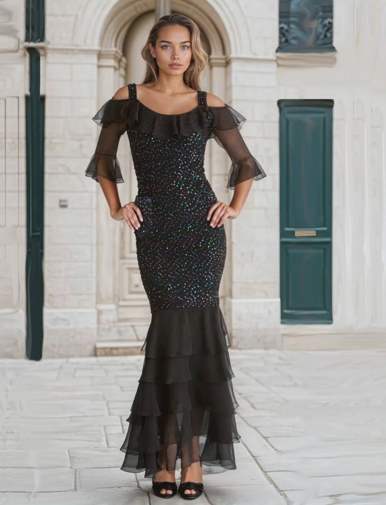 Woman in a black sequin dress with layers and sheer sleeves in front of a classical building