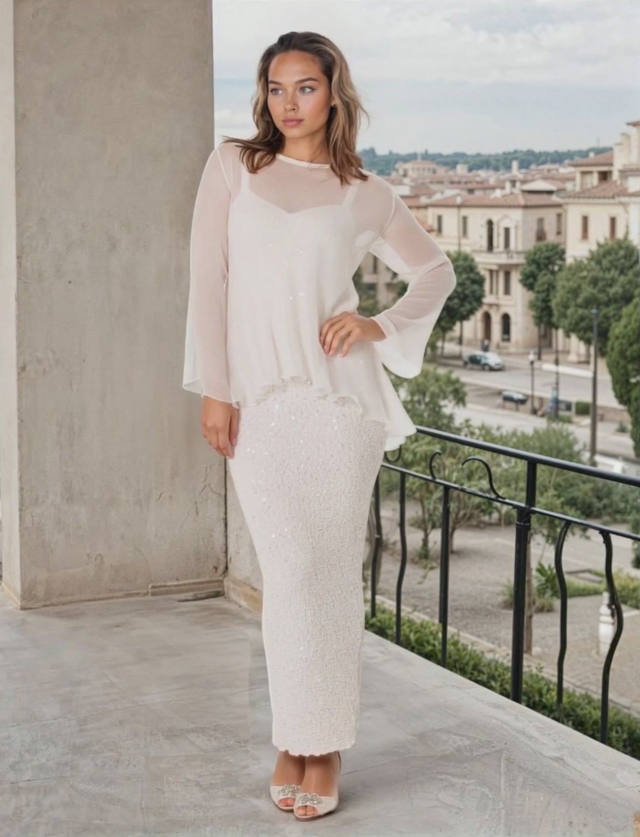 Woman standing on a balcony is a light beige two piece long dress