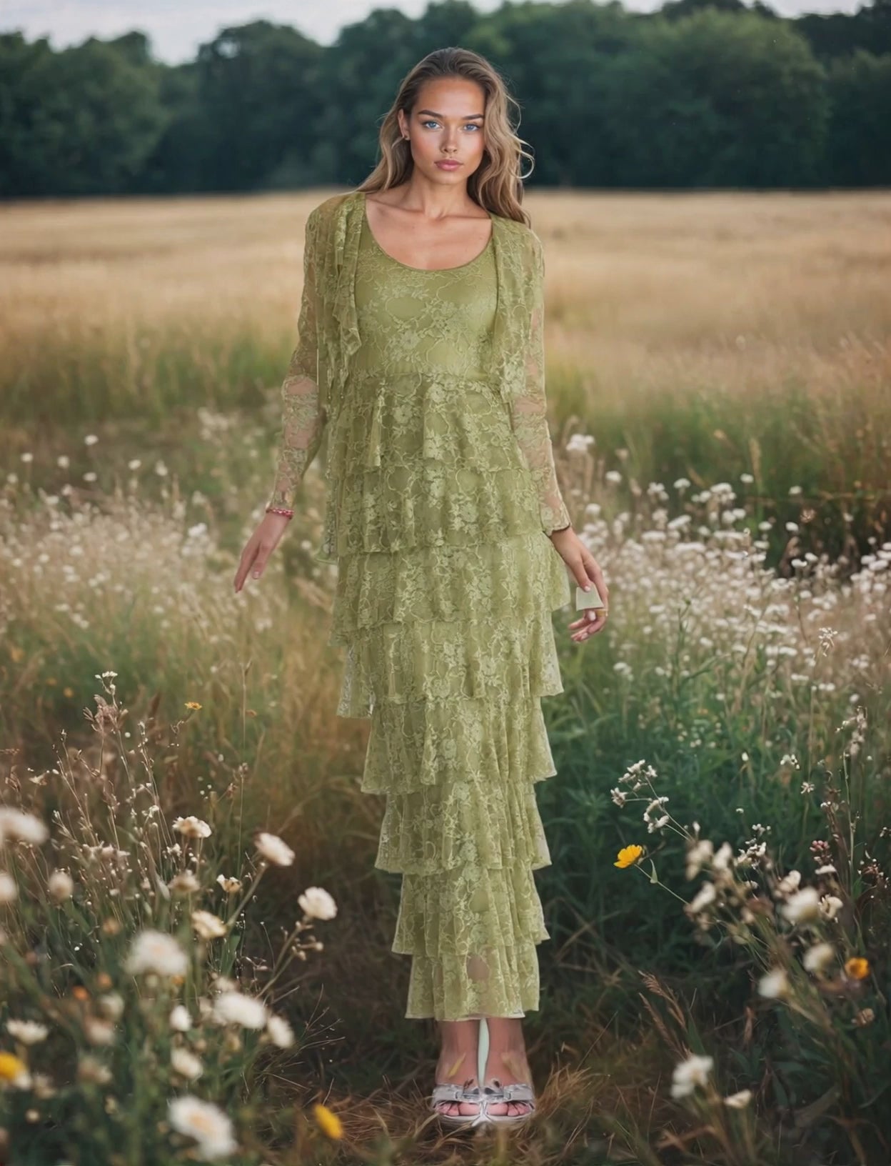 Woman wearing a long layered green lace dress standing in a meadow