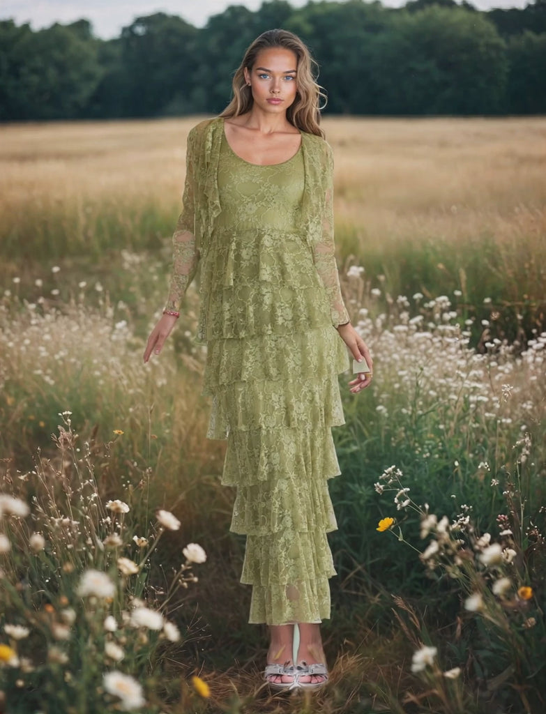 Woman wearing a long layered green lace dress standing in a meadow
