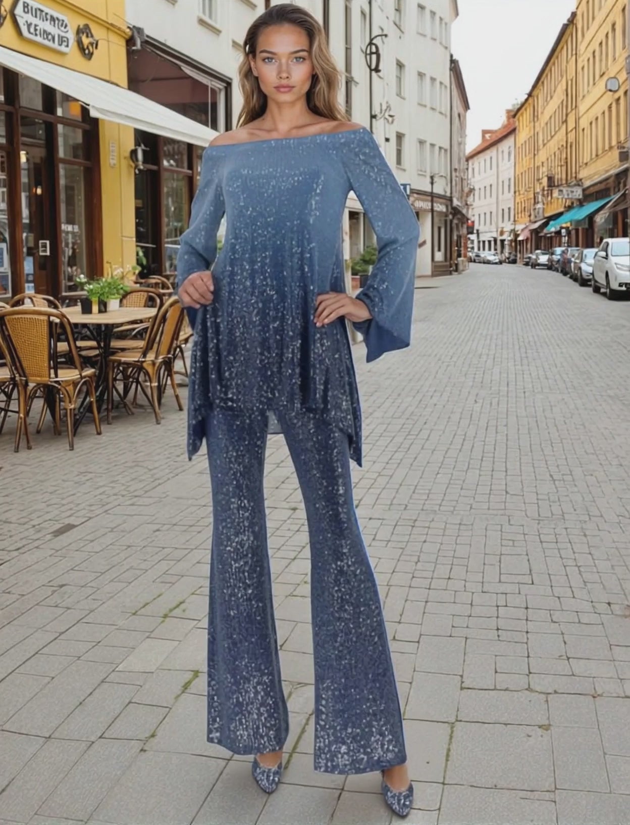 Women in a blue two-piece sequin outfit in a Paris street scene