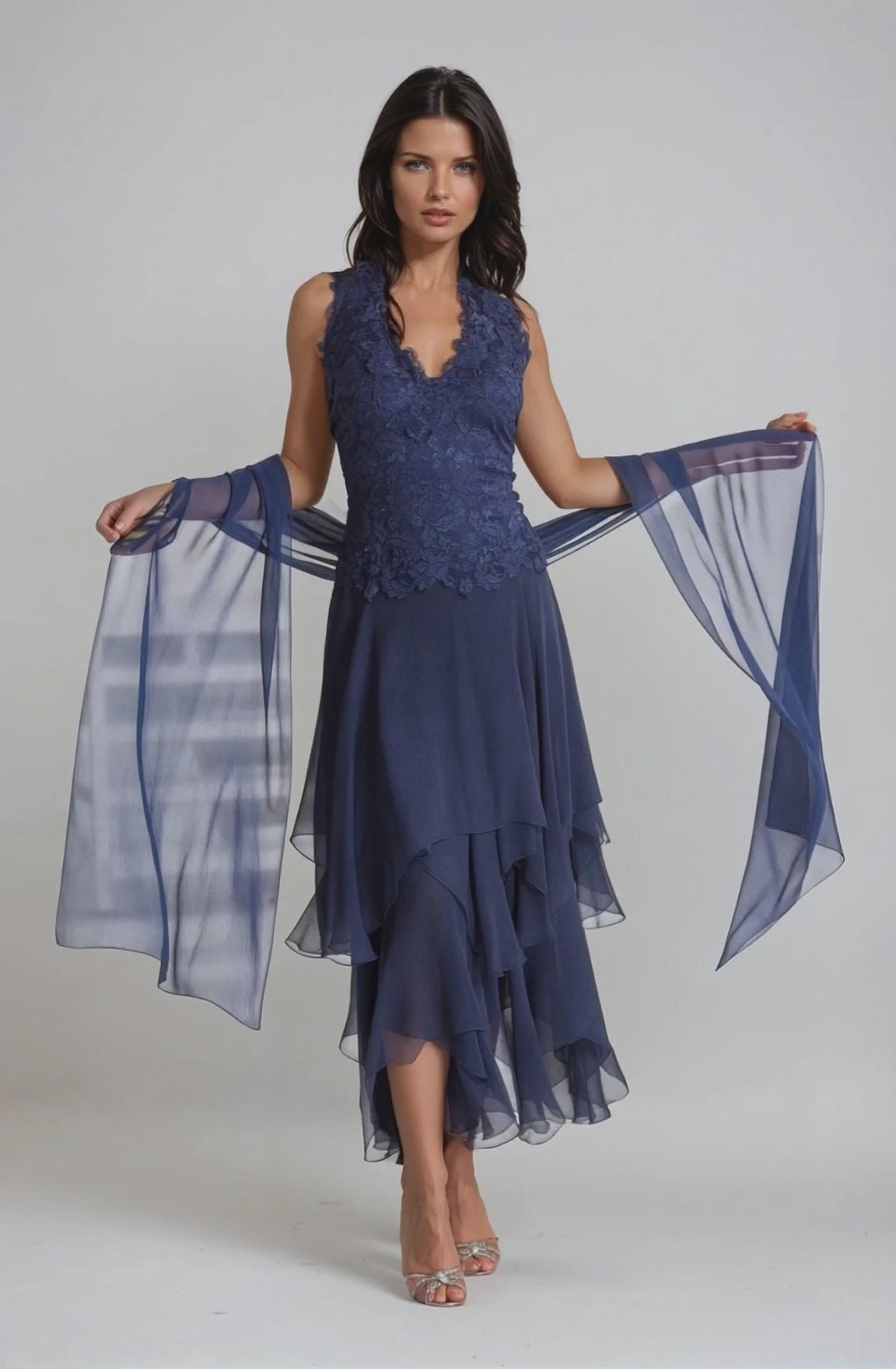 Lace Halter/Handkerchief Hem Dress - D660   Shown with Stole 2