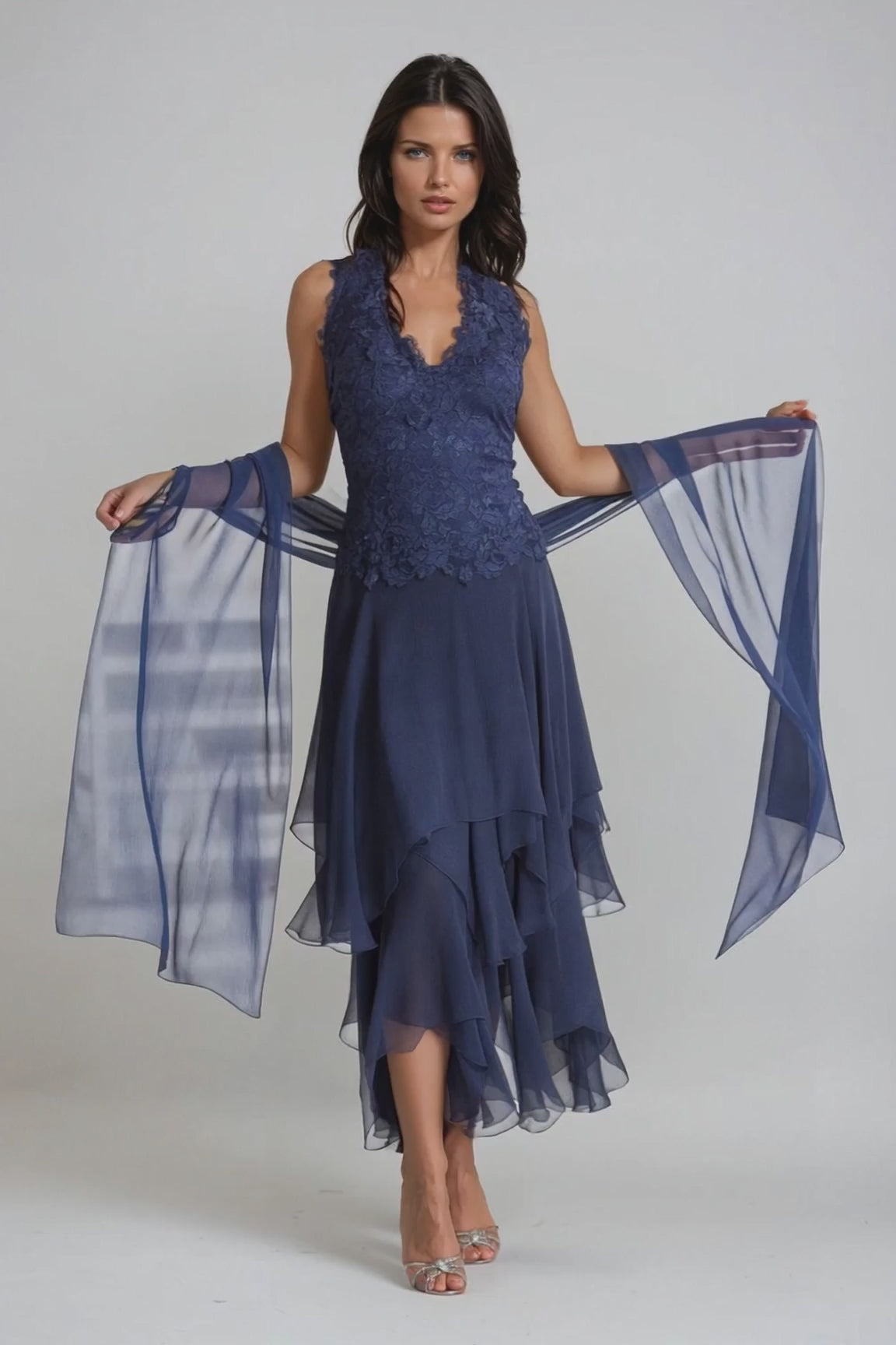 Sara Mique Halter Bustier Dress/Silk Plisse Layered Handkerchief Skirt 