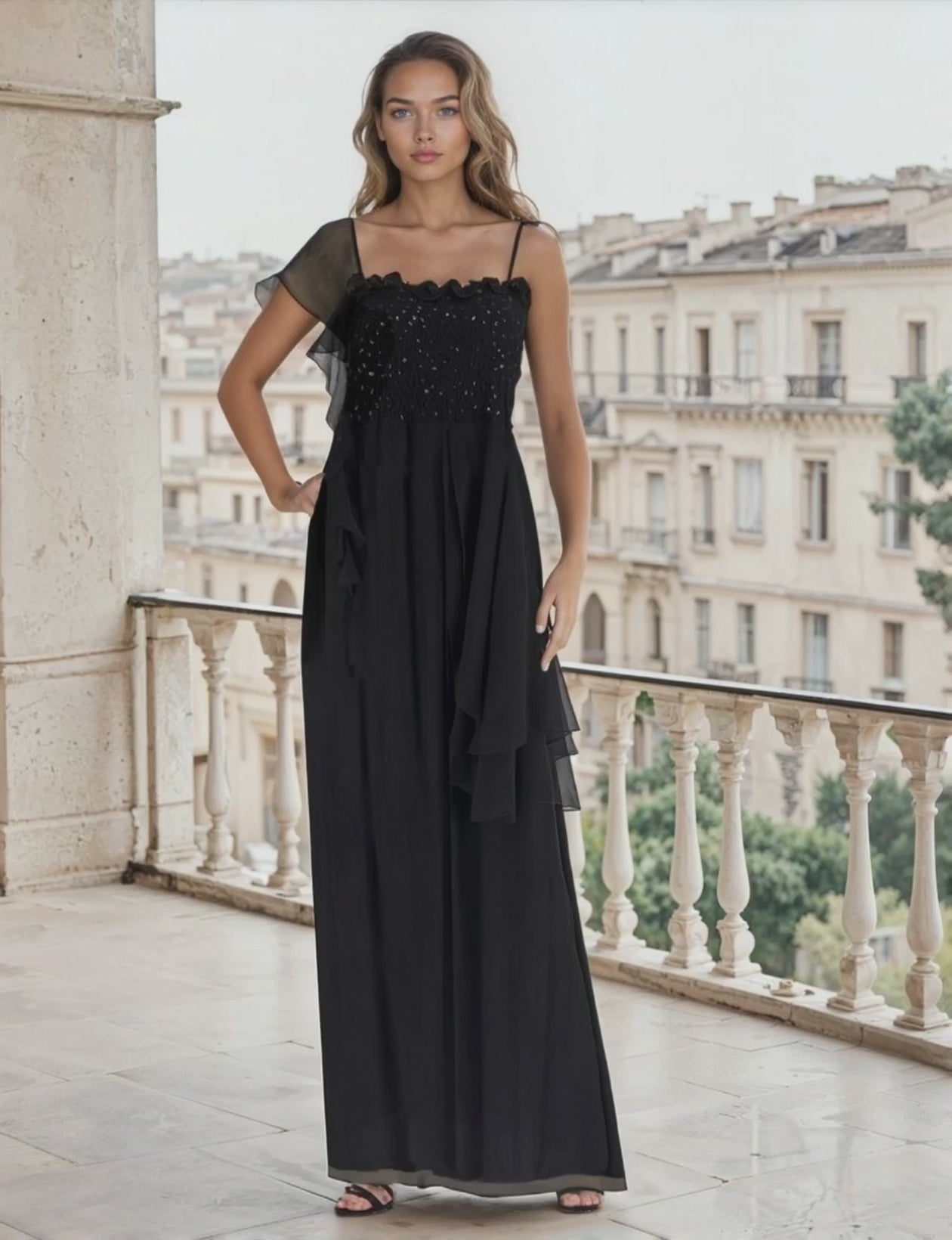 Woman in a black dress standing on a balcony with a cityscape background