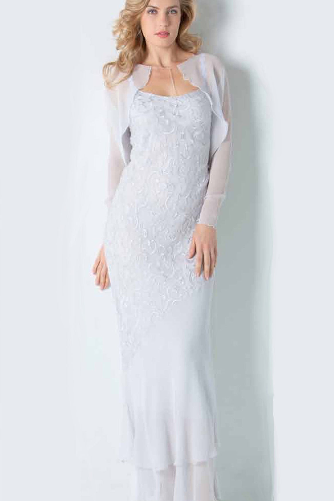 Schiffli Embroidered Dress/ Jacket - D8012/ - Sara Mique Evening Wear