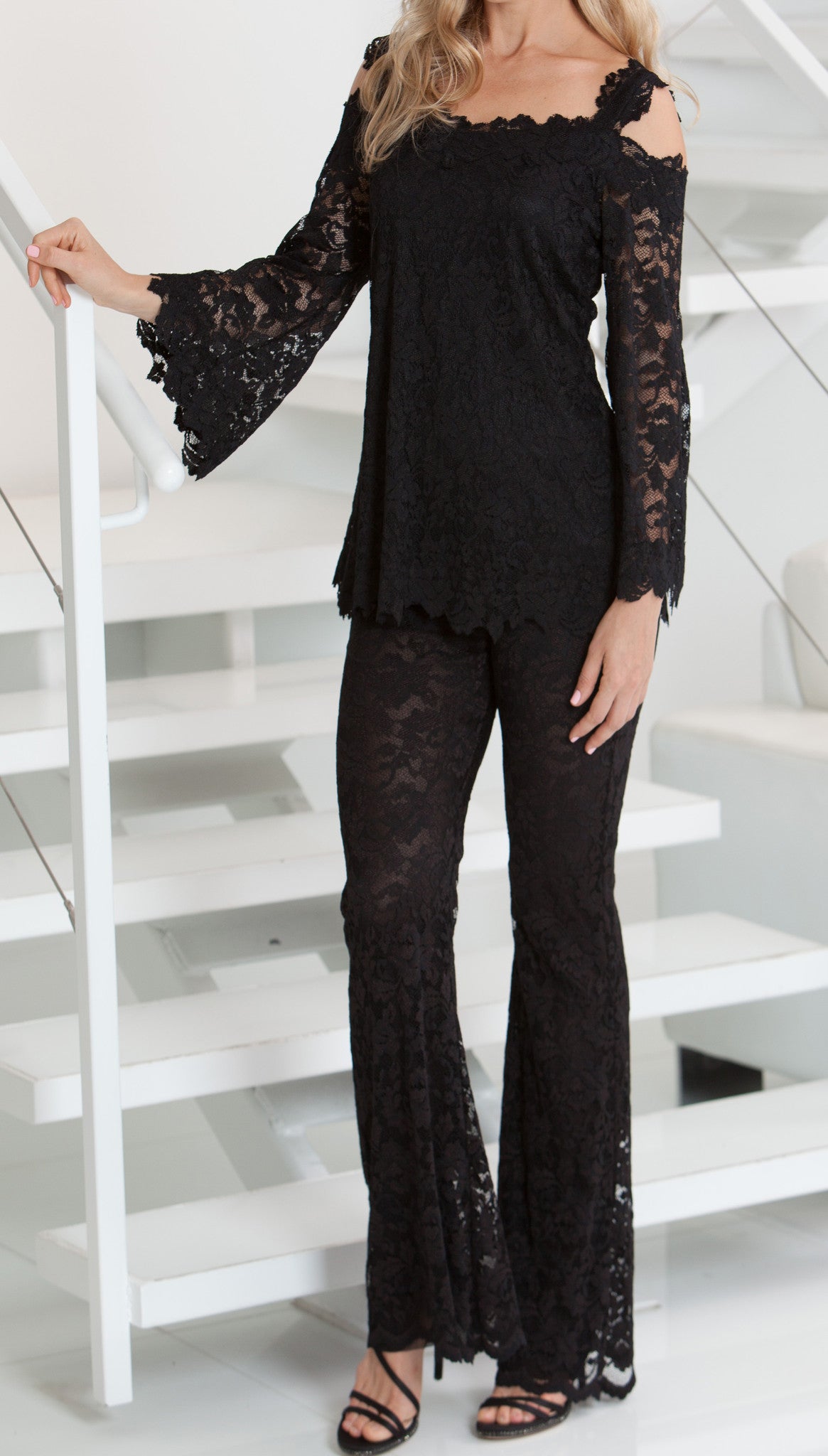 French Lace Cold Shoulder Blouse - B611  (P605 45" French Lace Pant Sold Separately) - Sara Mique Evening Wear