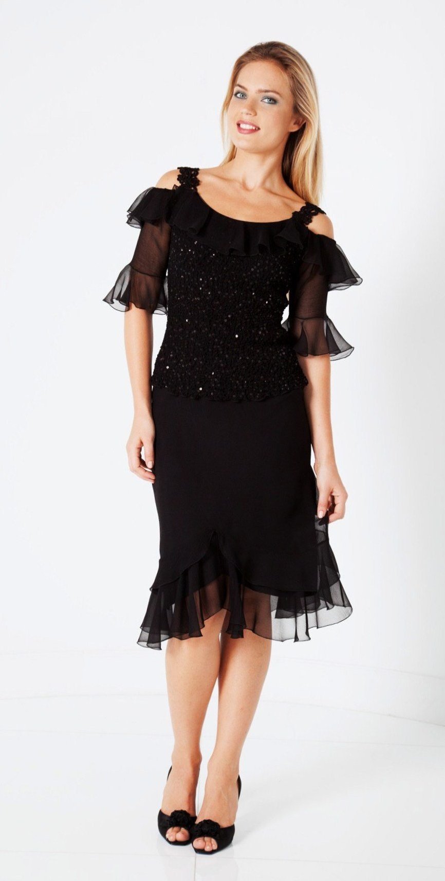 Sequinned Cold Shoulder Blouse & Short Silk Plisse' Skirt B1542SB/S1562 - Sara Mique Evening Wear