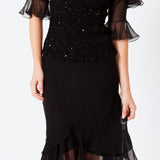 Sequinned Cold Shoulder Blouse & Short Silk Plisse' Skirt B1542SB/S1562 - Sara Mique Evening Wear