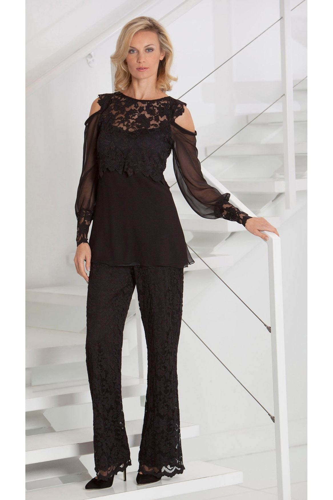 French Lace Cold Shoulder Top & Lace Straight Leg Pant Set - B609 / P600  42" - Sara Mique Evening Wear