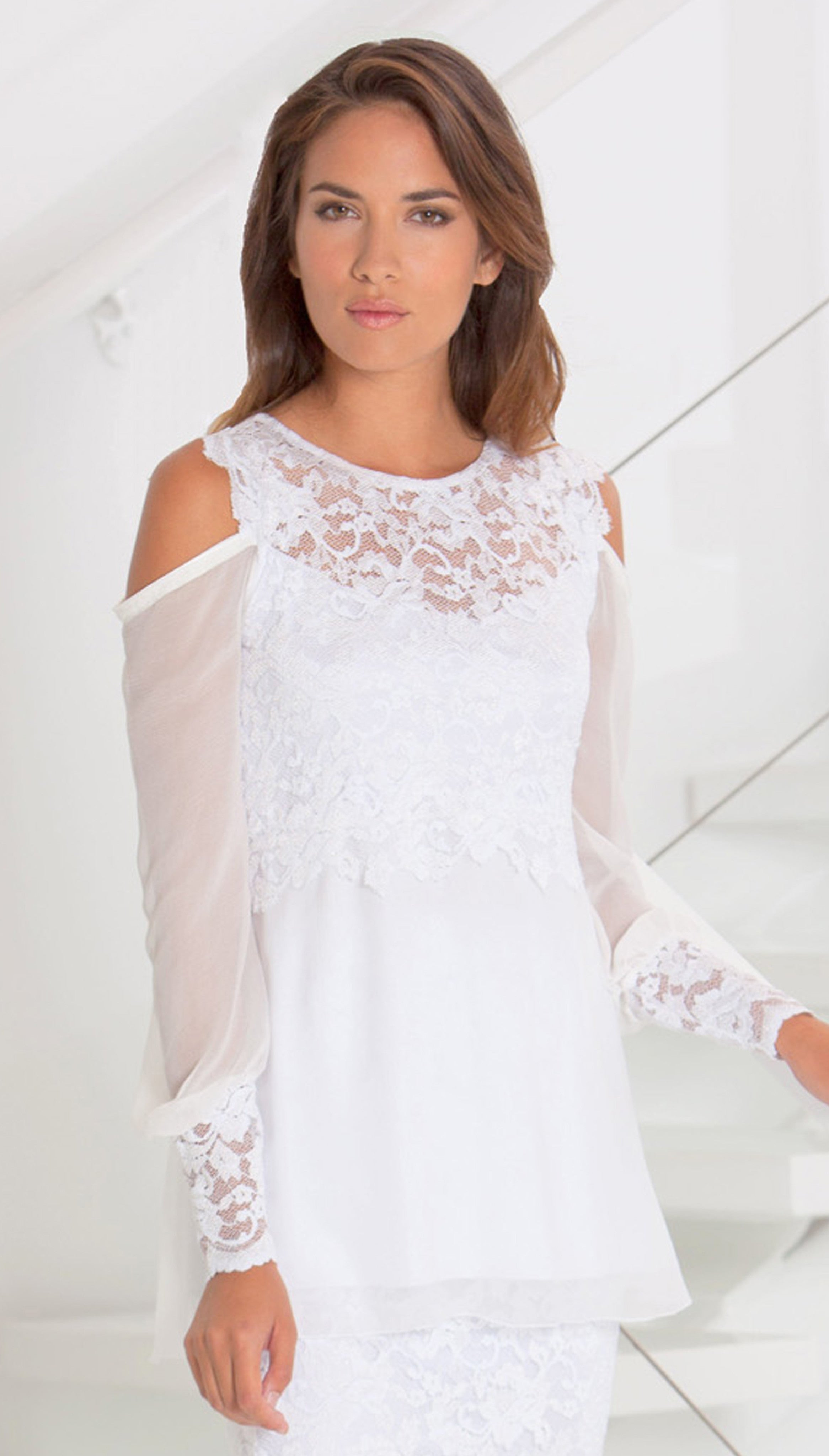 Silk Plisse' Cold Shoulder Top French Lace Trim - Code Home50Off at Checkout - Sara Mique Evening Wear