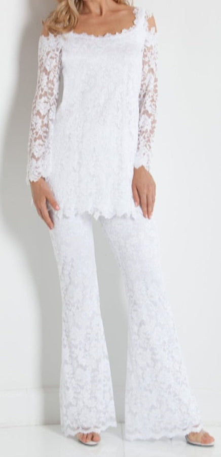 French Rose Lace Cold Shoulder Top And Bell Bottom Pant - B611L/P601 - Sara Mique Evening Wear